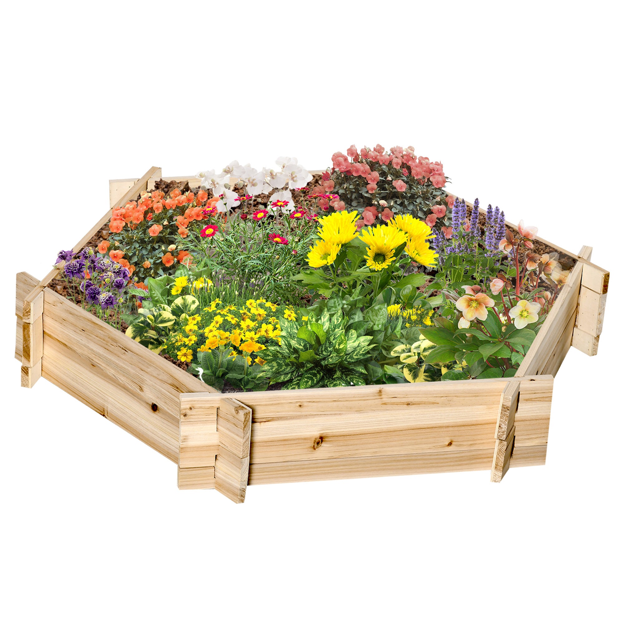 Outsunny Wooden Raised Garden Bed, Hexagon Screwless Planters For Outdoor Plants, Vegetables, Flowers, Herbs, 39" X 36" X 6", Natural Wood Natural Wood