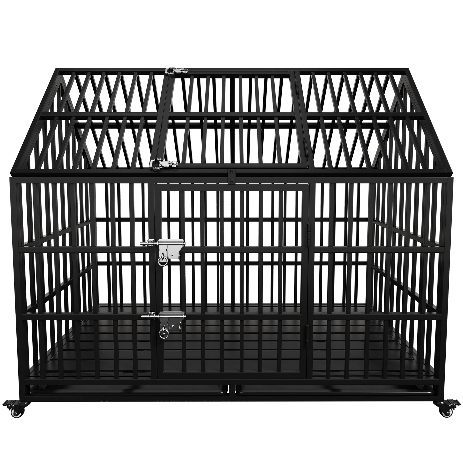 54" Heavy Duty Dog Crate Large Dog Cage Strong Metal Dog Kennels And Crates For Large Dogs Top Open With 2 Doors 4 Lockable Wheels 2 Removable Trays Black Outdoor Kennel Extra Large 71 90 Lbs Steel