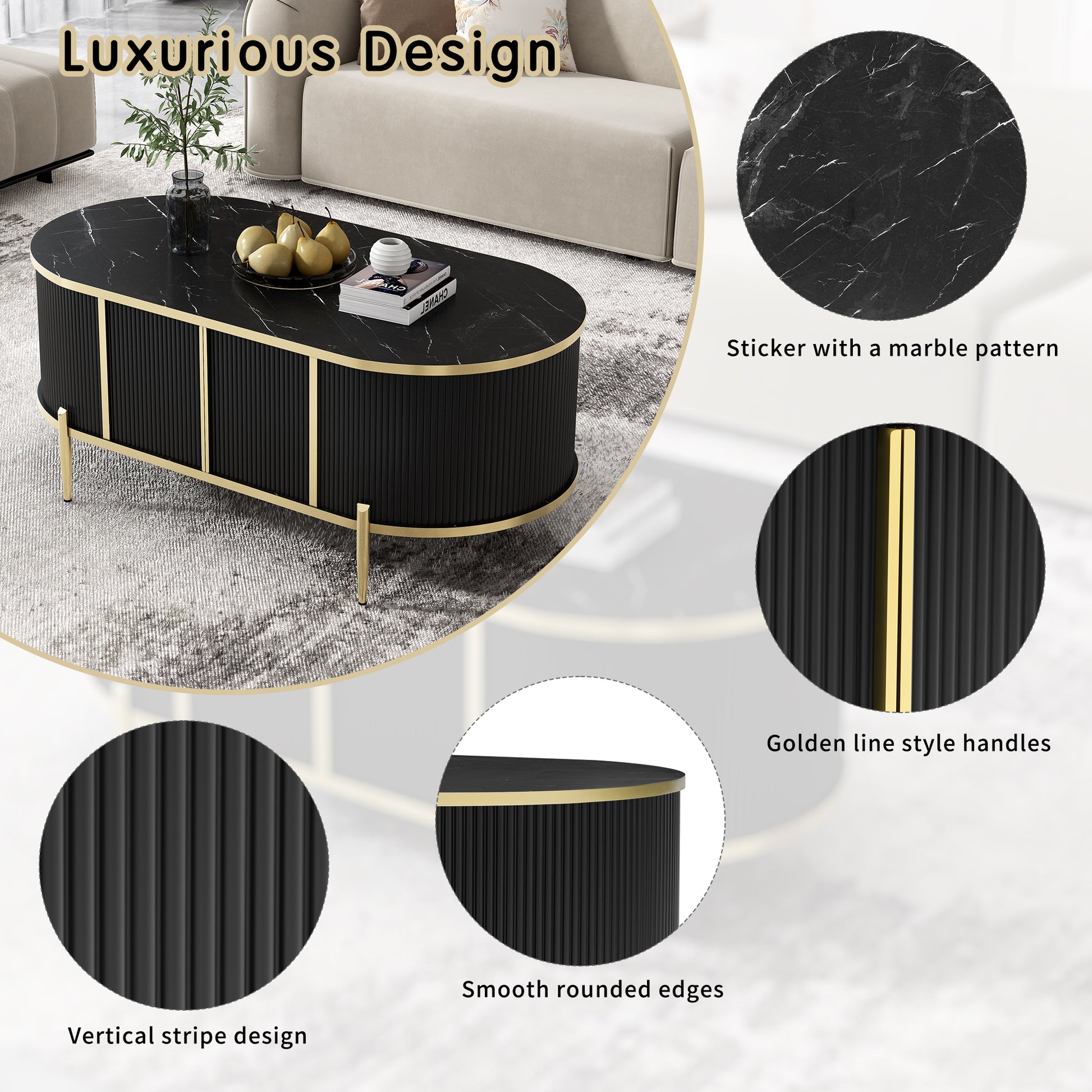 Modern Luxury Oval Shaped Fluted Coffee Table, Marble Patterned Top Coffee Table With 2 Cabinets, Metal Legs And Handles For Living Room, Black Date Of Expected Arrival: 11.20 Black Mdf