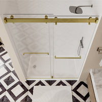 56 60 Inches Width 76 Inches Height Double Sliding Frameless Shower Door With 3 8 Inches 10Mm Clear Tempered Glass, Brushed Gold Finish Brushed Gold Bathroom Luxury,Modern Glass Aluminium,Stainless