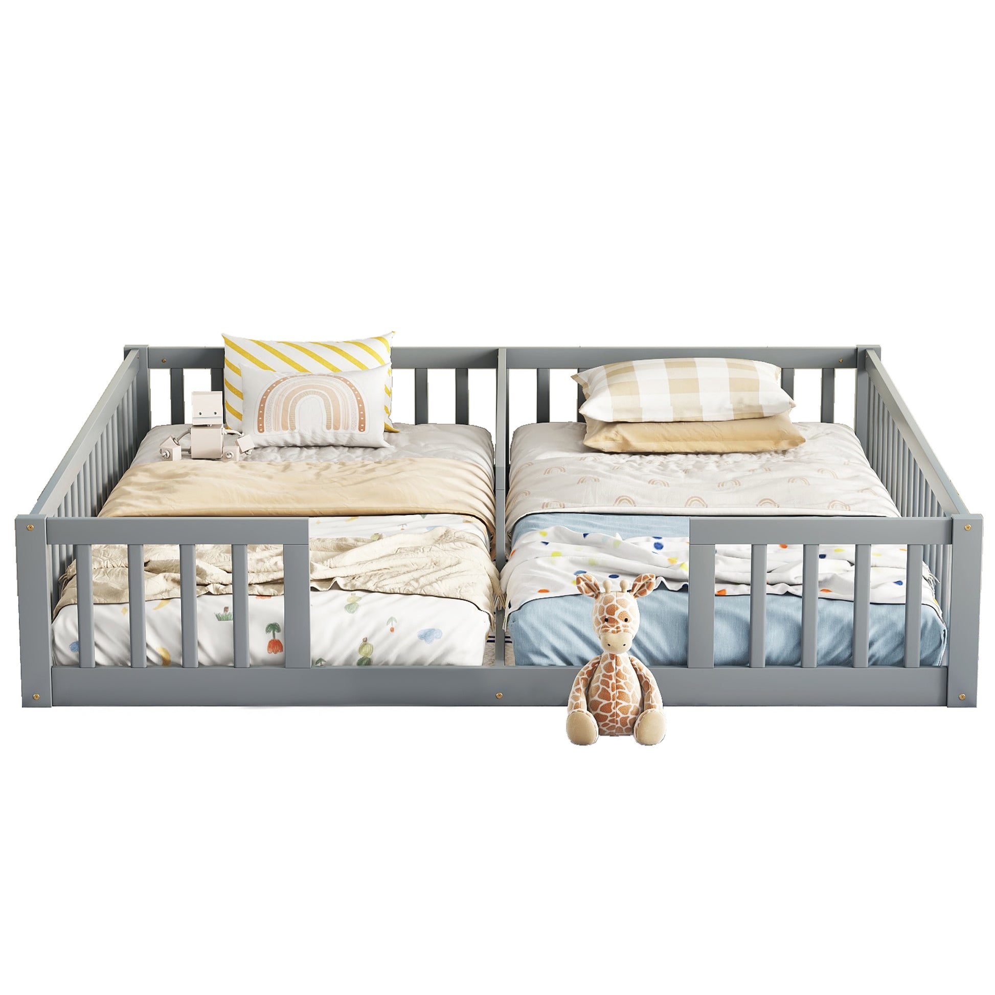 Double Twin Floor Bed With Fence, Guardrails, Without Door, Grey Twin Grey American Design Pine