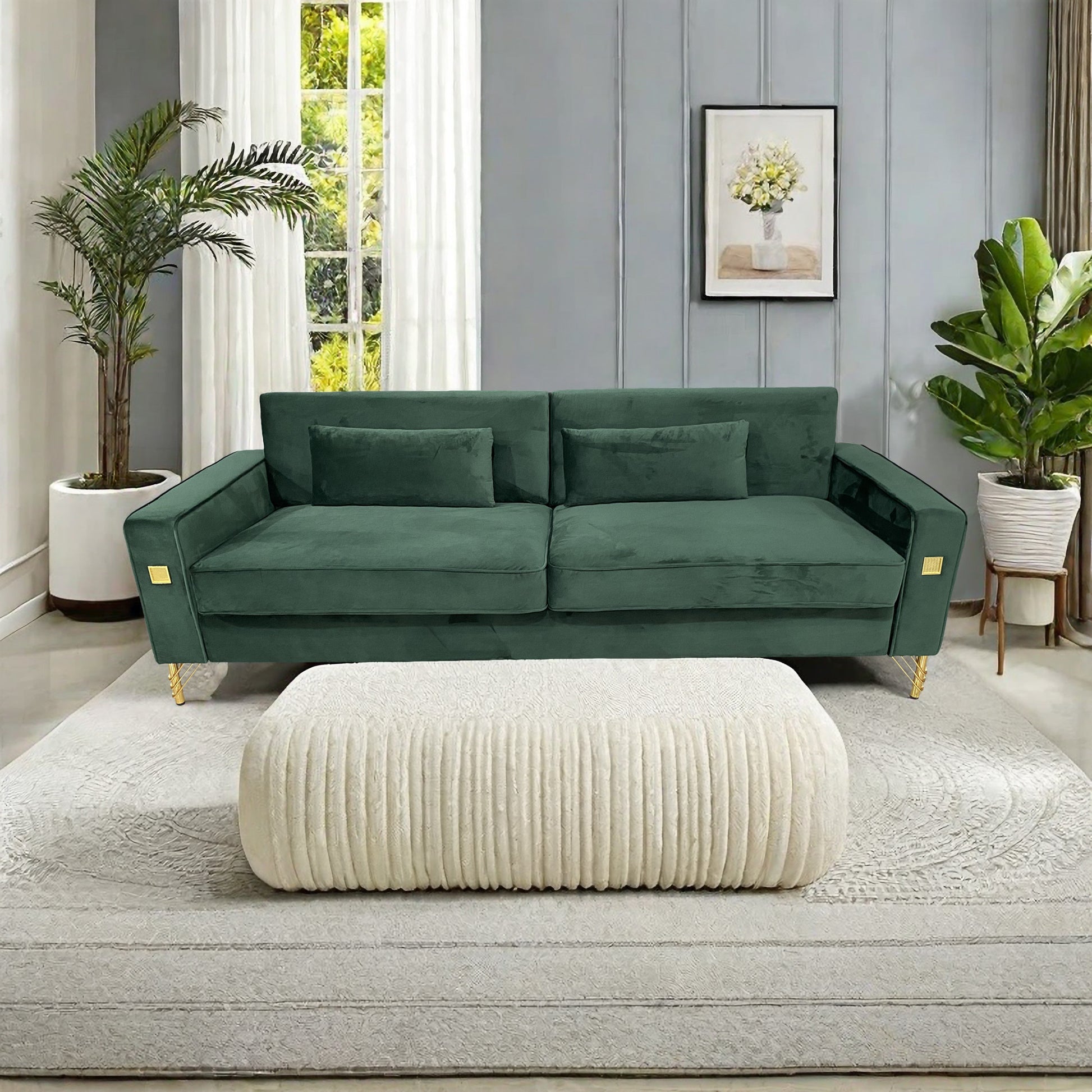 Fx P18 Rg2 Sofa Luxury Emerald Green Velvet Sofa With Gold Accents Modern 3 Seat Couch With Plush Cushions, Perfect For Living Room And Office Decor Retro Green Velvet 2 Seat