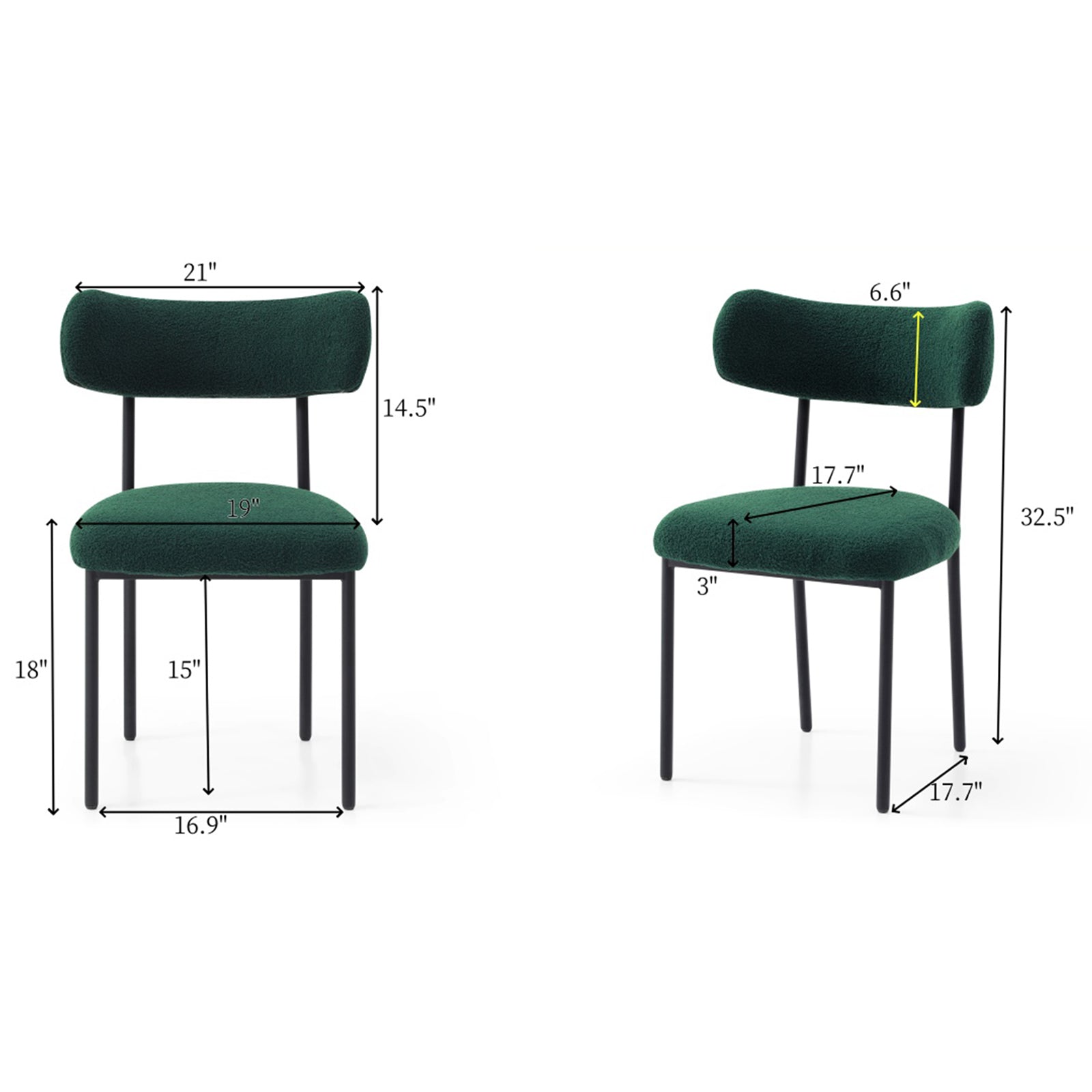 Dining Chairs Set Of 2,Round Upholstered Sherpa Fabric Dining Room Chairs With Curved Backrest,Mid Century Modern Accent Chairs With Black Metal Legs For Dining Room,Living Room,Kitchen Green Foam Teddy