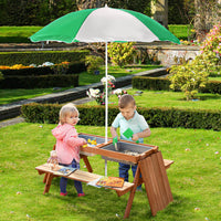 Outsunny Kids Picnic Table With Umbrella And Storage Inside, Sand And Water Table, Kids Outdoor Furniture, Wooden Bench Backyard Furniture For Garden, Patio, Or Balcony Natural Wood