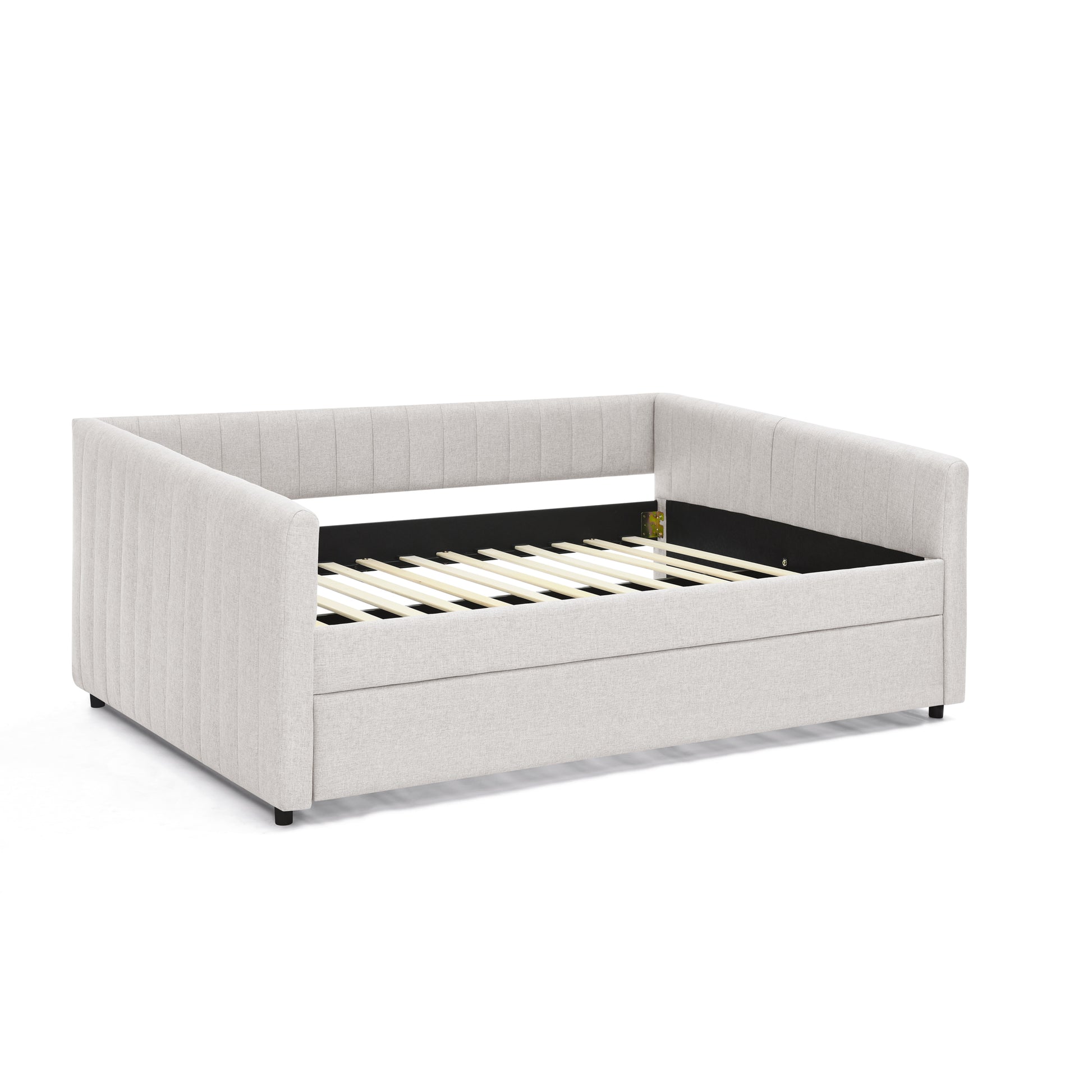 Full Size Daybed With Trundle Upholstered Sofa Bed, With Vertical Stripes, Linen Fabric, Beige 82.5"X58"X30" Beige Linen