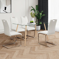 Modern Simple Rectangular Glass Dining Table, Solid Tempered Glass Countertop, Wood Transfer Metal Table Legs, White Pu Dining Chair Set, Suitable For Restaurant Kitchen Use Set Of 5 Metal Glass White Pu Seats 4 Metal Rectangular Dining Table With Chair