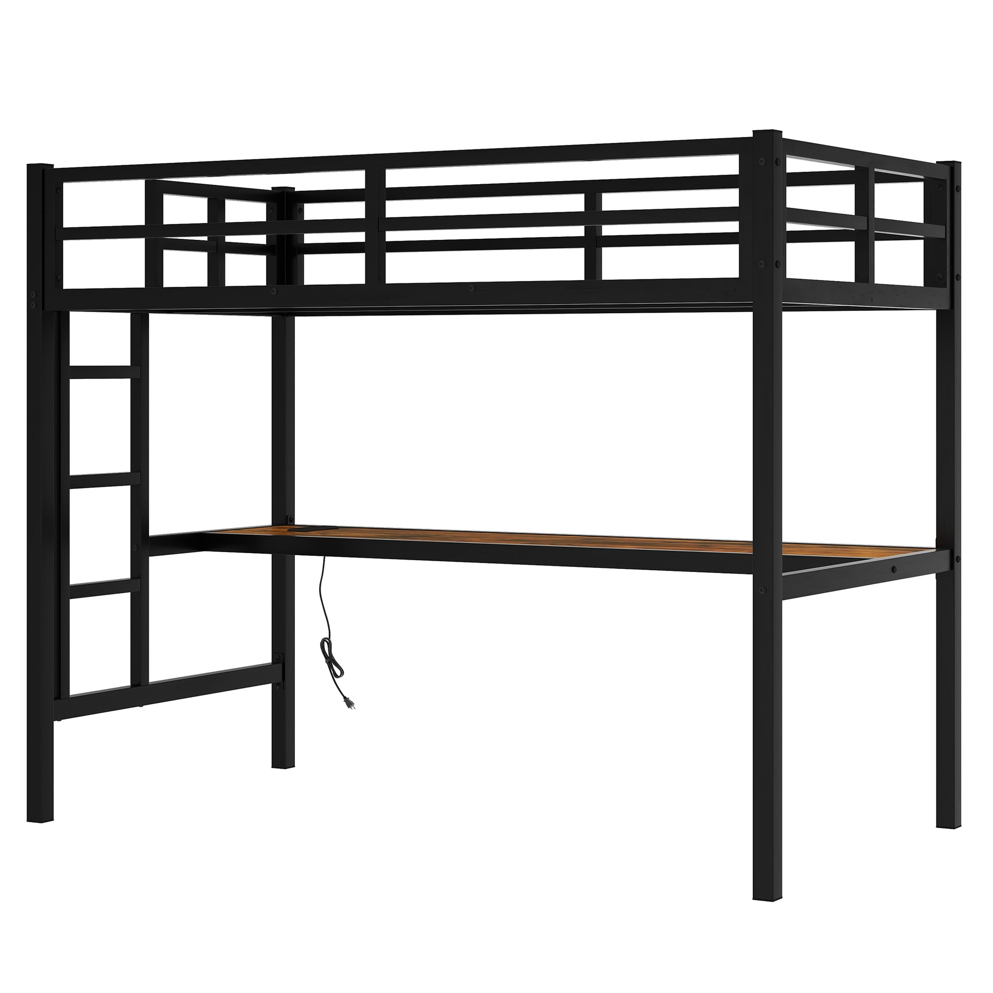 Metal Twin Xl Size Loft Bed With Power Outlet And Led Lighted, Space Saving, Noise Reduced, Black Twin Xl Black Metal