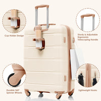 Luggage Set Of 3, 20 Inch With Usb Port, Airline Certified Carry On Luggage With Cup Holder, Abs Hard Shell Luggage With Spinner Wheels, Beige And Golden Beige Gold Abs