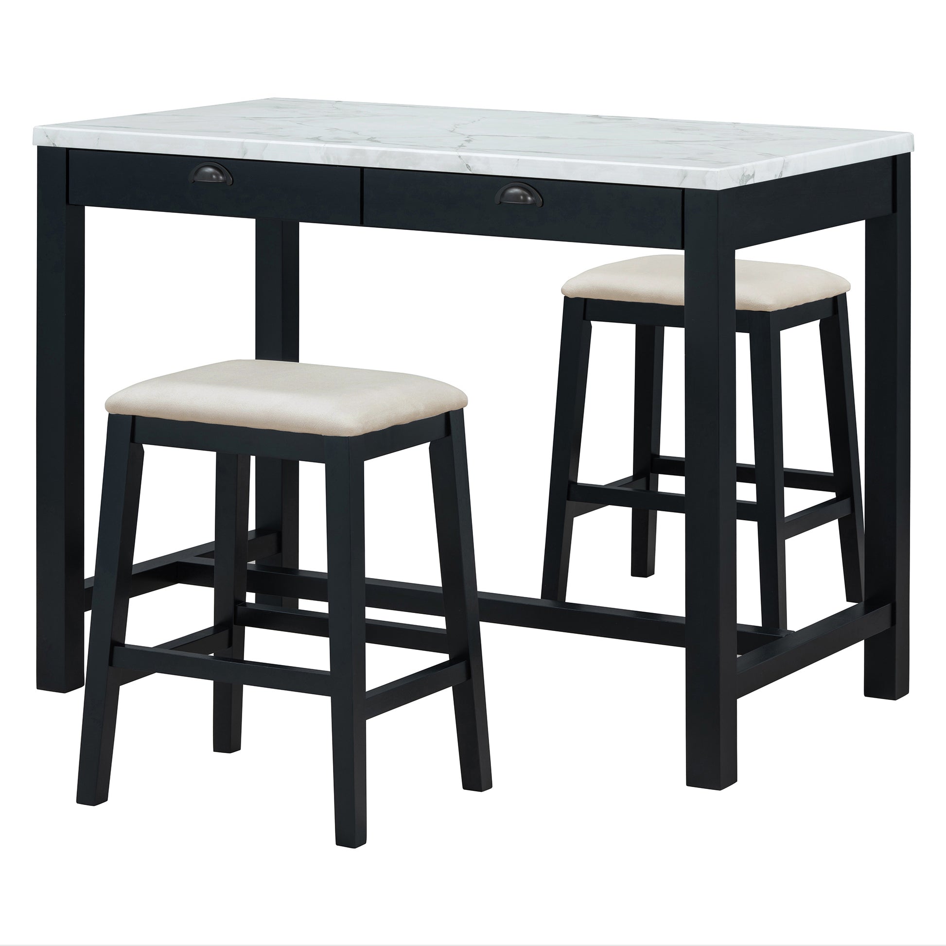 3 Piece Modern Faux Marble Versatile Bar Table Set With Storage Drawers And Padded Stools, Ideal For Space Saving Dining Nooks Or Small Kitchens Black Black Solid Wood Mdf