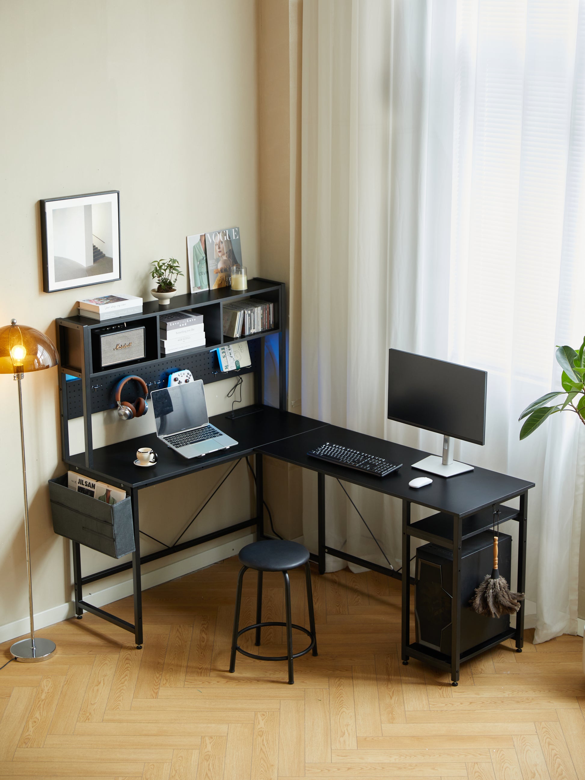 94.5 Inch Home Office Desk L Shape Gaming Desk With Led Storage Shelves Metal Pannel And Stool Black Black Marble Metal