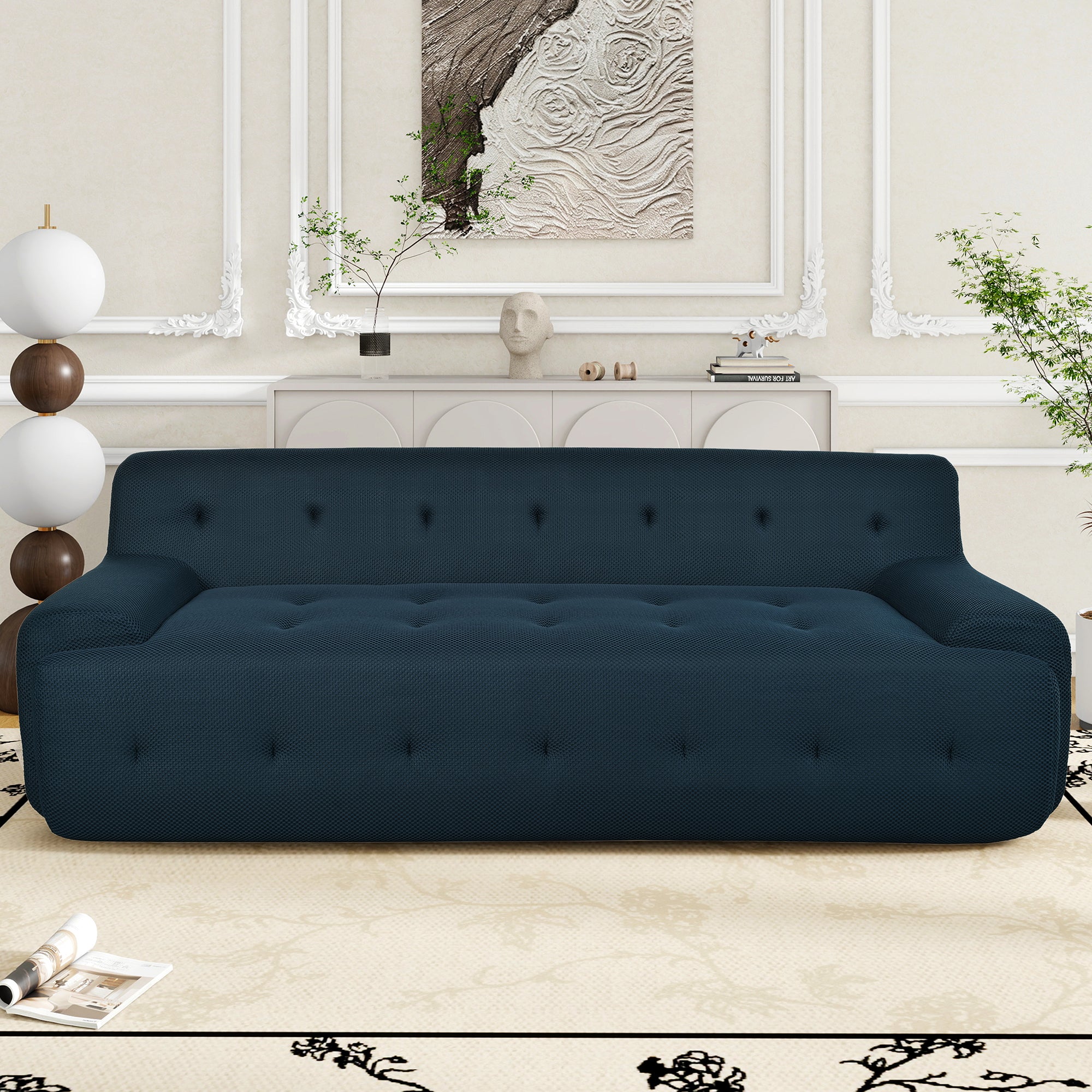 86.2'' Modern Minimalist Style Tufted Design Upholstered Sofa, 3 Seat Compression Sofa For Living Room, Bedroom, And Apartment Dark Blue Polyester 3 Seat