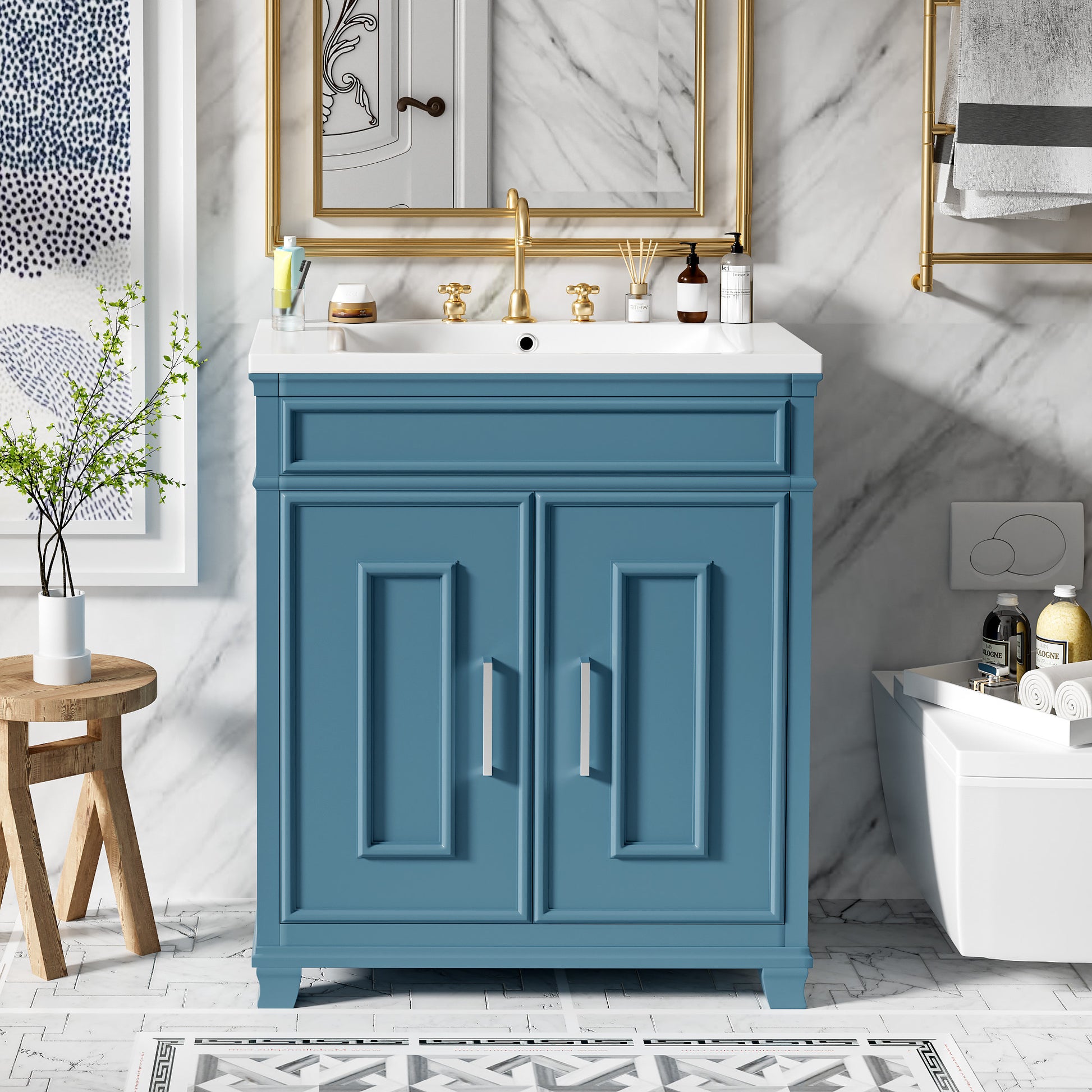 30 Inch Bathroom Vanity With Resin Sink, Freestanding Bathroom Vanity Set With Storage Shelf, Storage Cabinet For Bathroom, Solid Wood Frame Bathroom Cabinet, Blue Blue Bathroom Modern Solid Wood Mdf Resin