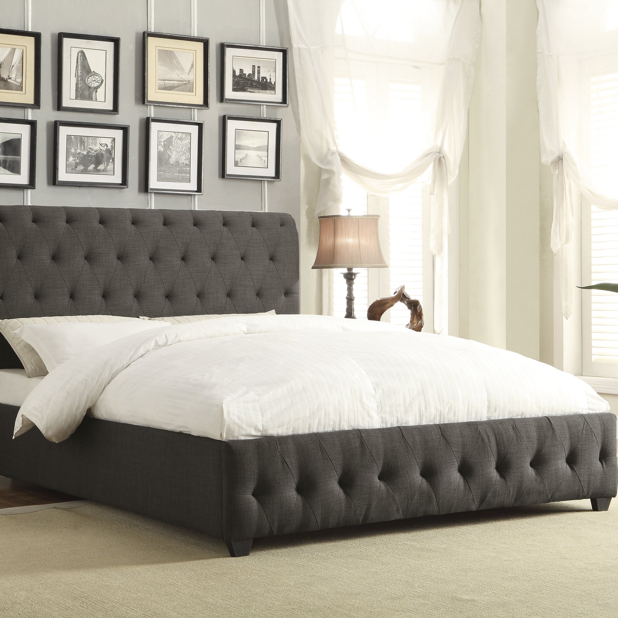 Dark Gray Fabric Upholstered Queen Bed Tufted Headboard Footboard Solid Wood Frame 1Pc Bedroom Furniture Box Spring Required Queen Dark Gray Wood Bedroom Solid Wood