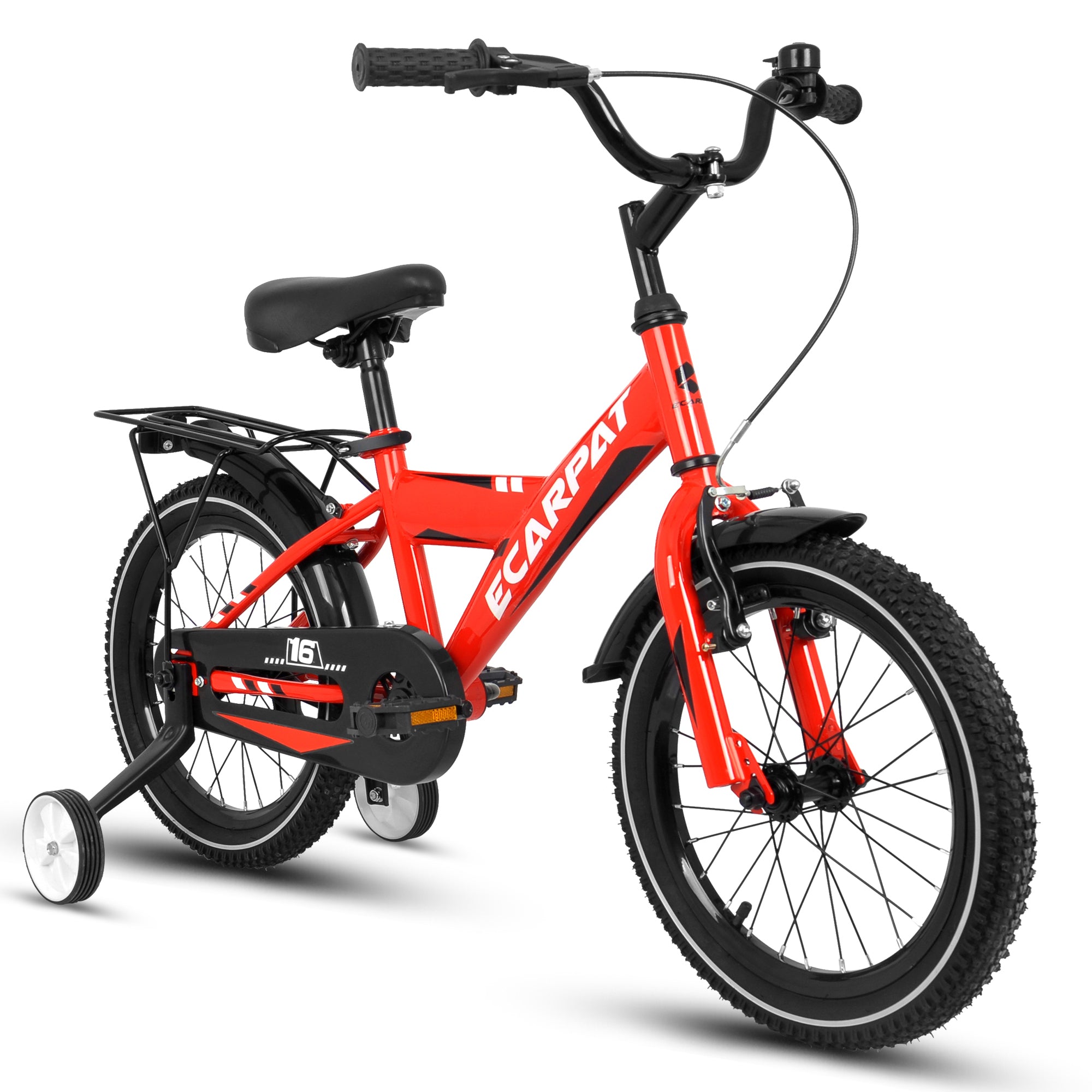 A16115 Kids Bike 16 Inch For Boys & Girls With Training Wheels, Freestyle Kids' Bicycle With Fender And Carrier. Red Steel