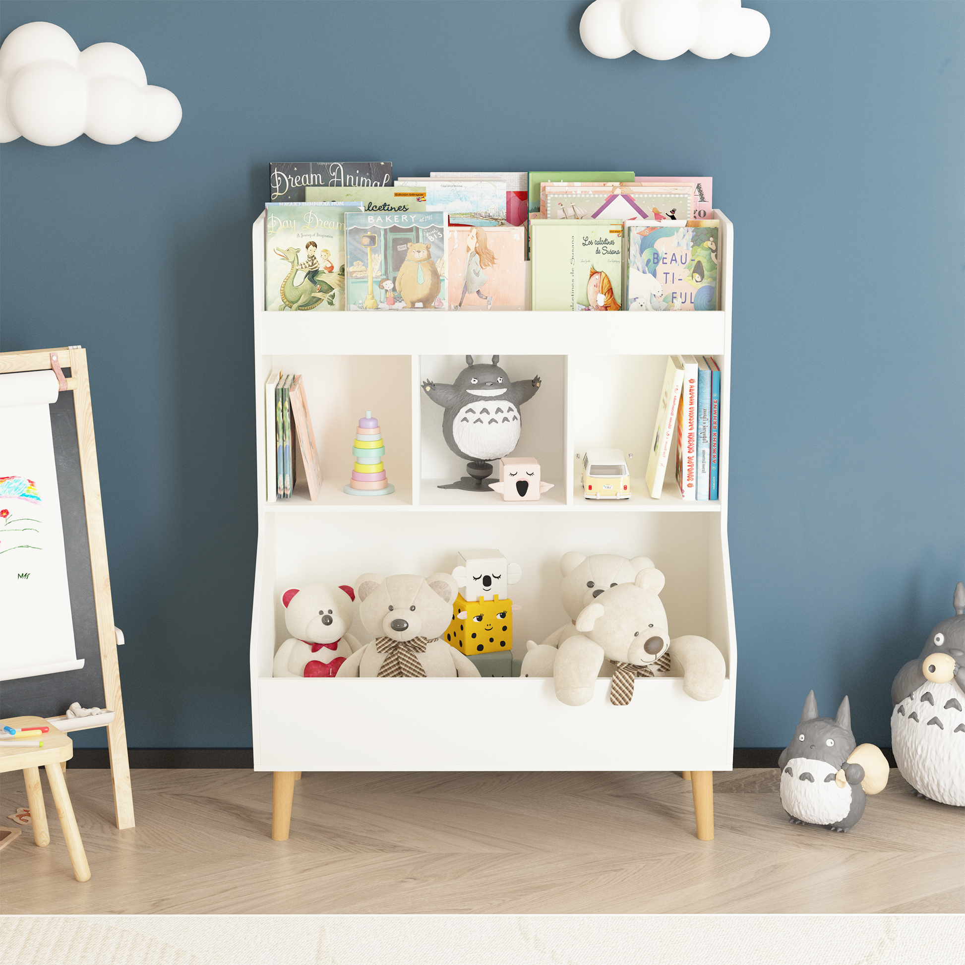 Toy Storage Organizer, Kids Bookshelf And Toy Storage With Legs, Multifunctional Storage Organizer, Children Bookcase For Kids Room, Living Room, Nursery,White White Solid Wood Mdf