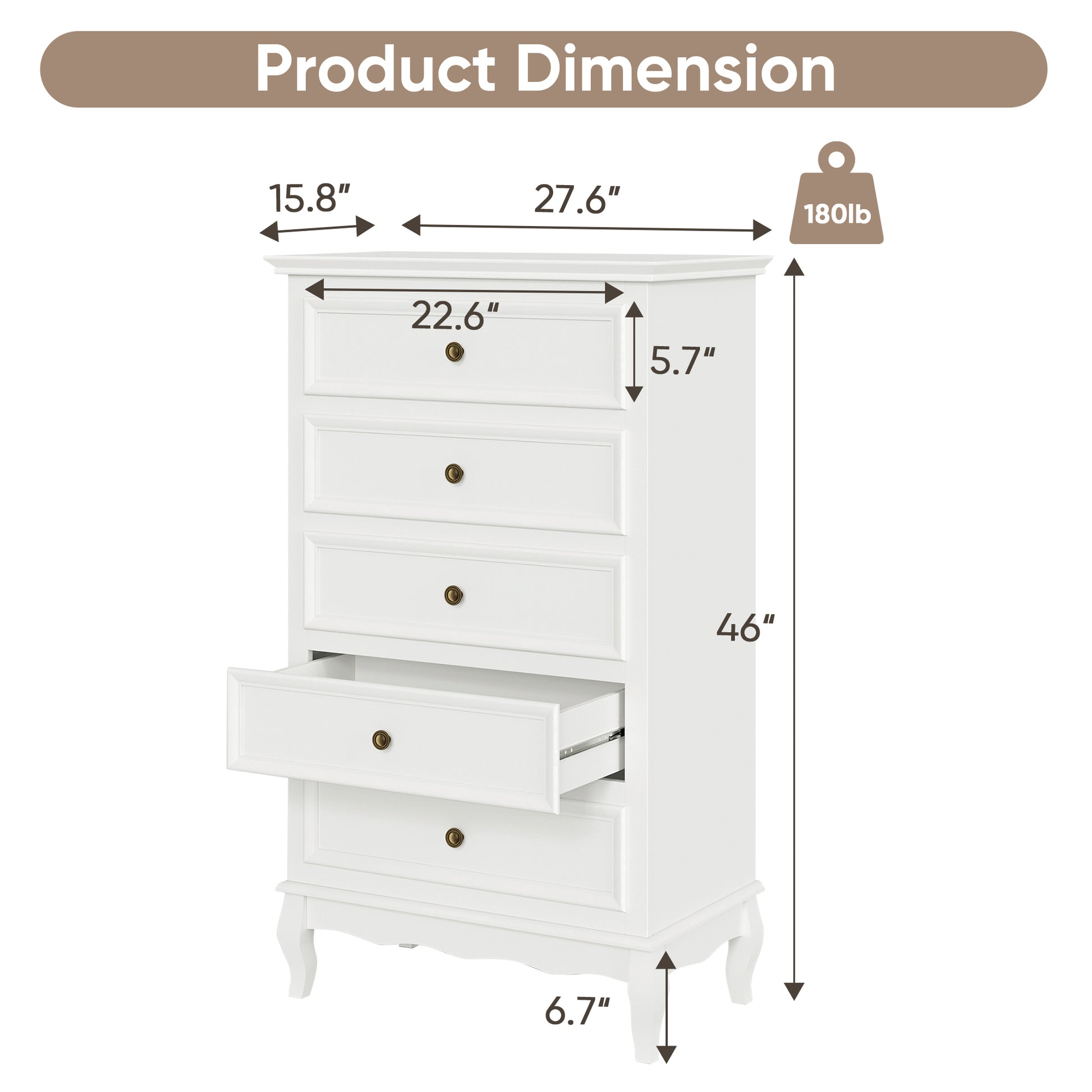 5 Drawer Dresser For Bedroom, Modern Storage Closet Cabinet Organizerwith Solid Wood Legs And Painted Finish White White Wood