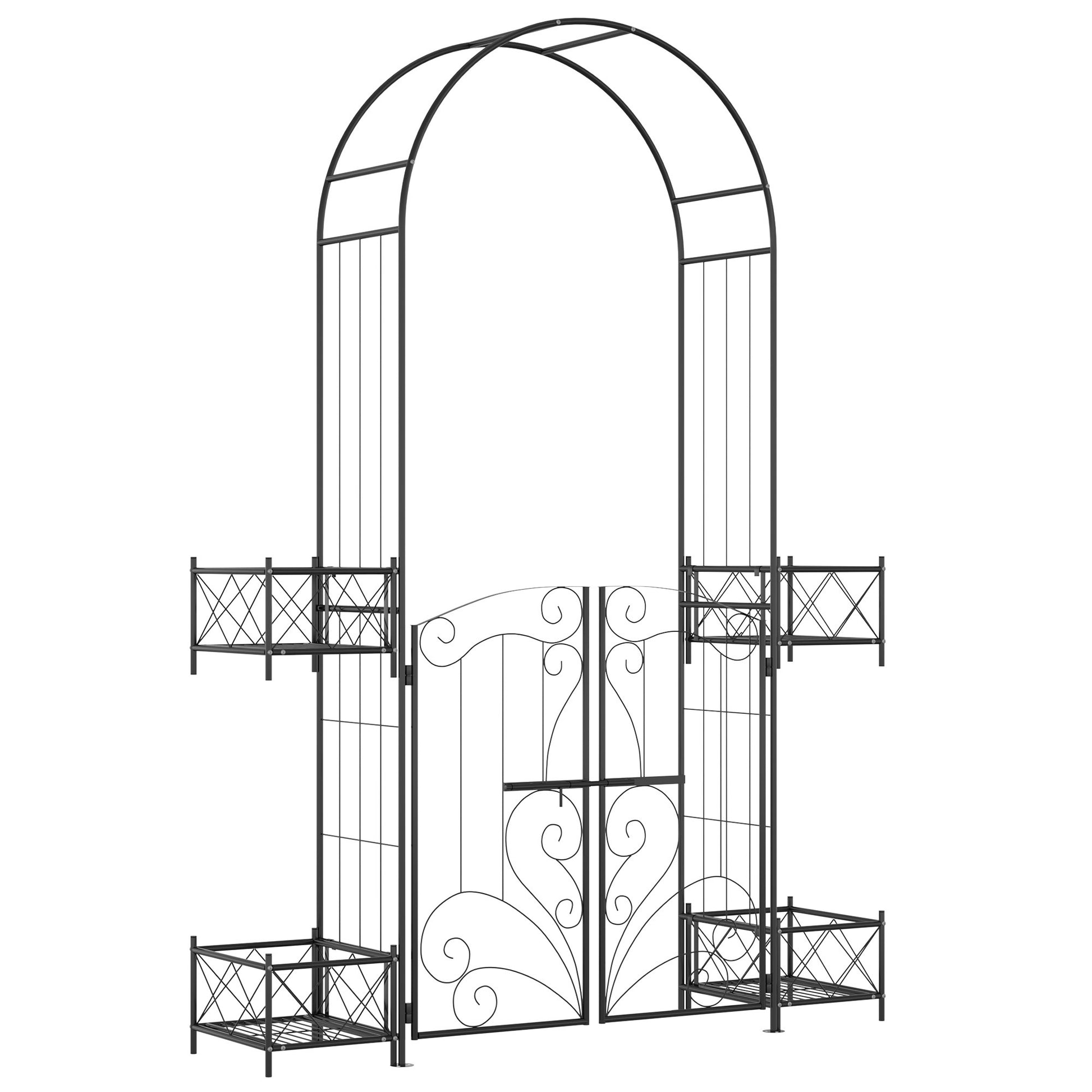 Outsunny 7' Garden Arch Arbor, Metal Arch Trellis With Gate, Garden Archway For Climbing Vines, Wedding Ceremony Decoration, Black Black Metal