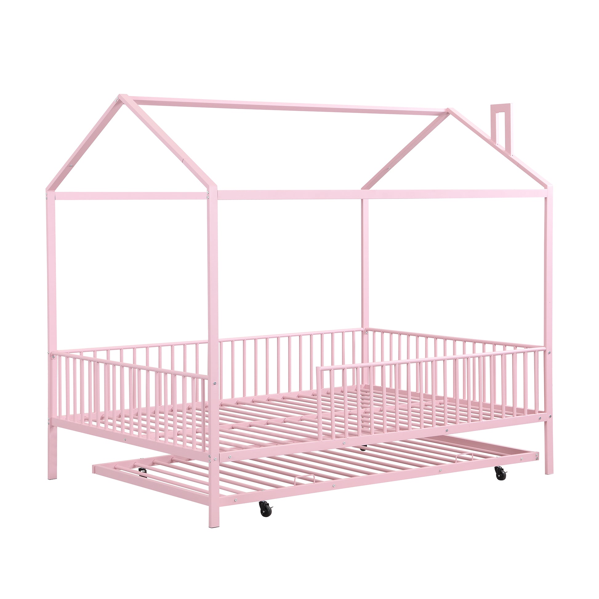 Full Size Metal House Bed With Fence, With Trundle, Pink Full Pink Metal