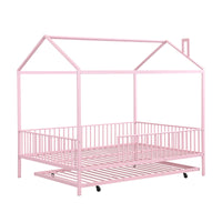 Full Size Metal House Bed With Fence, With Trundle, Pink Full Pink Metal