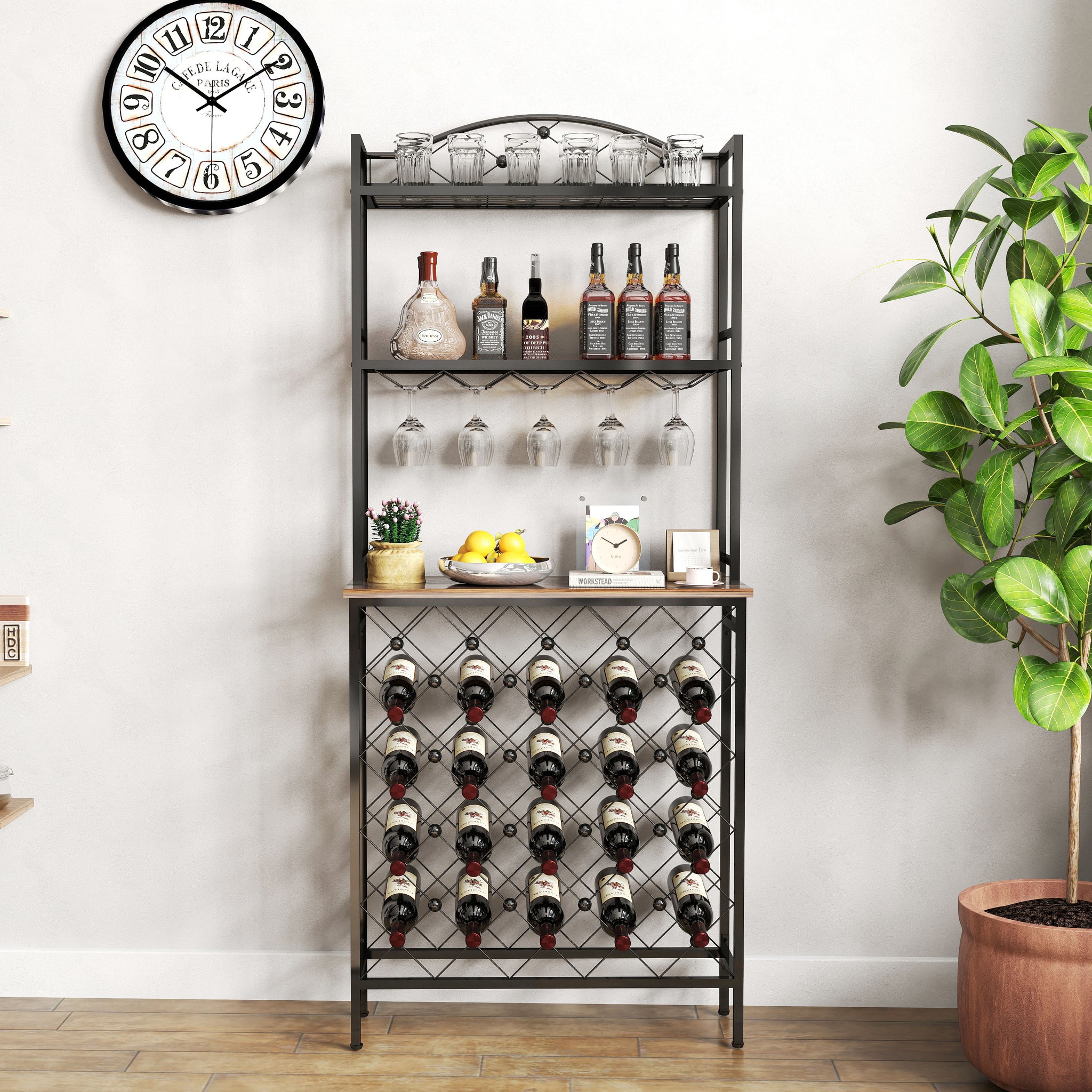 Industrial Wine Rack Bar Table, 3 Tier Liquor Bottle And Glass Holder With Storage Shelves, Metal And Wood Wine Organizer For Home Kitchen, Dining Room, And Living Room Black Brown Kitchen American Design Metal