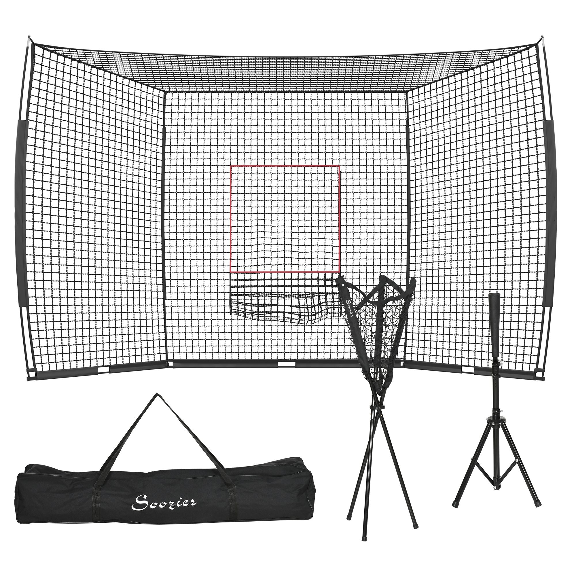 Soozier 17' X 5.5' Baseball Net With Strike Zone, Tee, Caddy, And Carry Bag For Pitching And Hitting, Portable Extra Large Softball And Baseball Training Equipment Black Steel