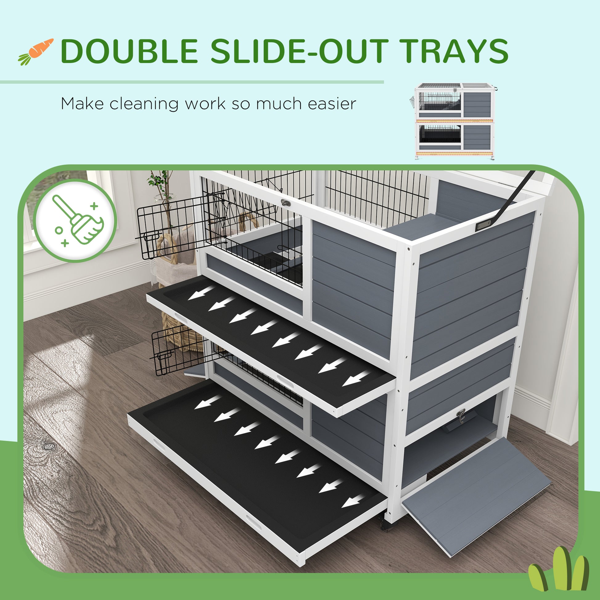 Pawhut Indoor Rabbit Hutch With Wheels, 2 Tier Rabbit Cage, 35.5" Wooden Guinea Pig Cage With Feeding Trough, Removable Trays, Ramps & Openable Top For 1 2 Rabbits, Gray Gray Wood