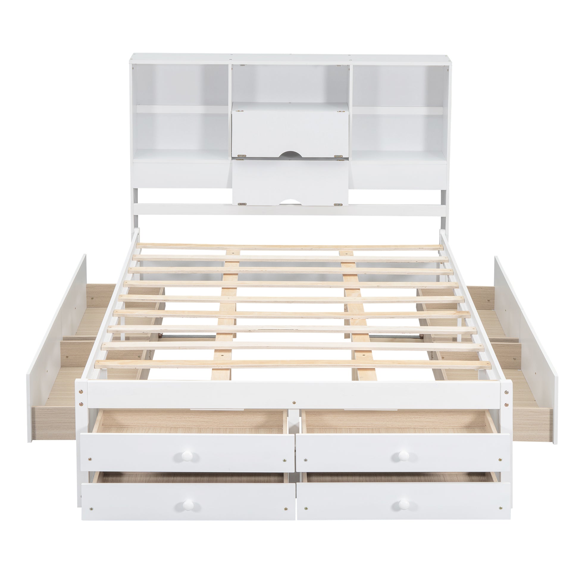 Queen Size Platform Bed With Storage Headboard And 8 Drawers, White Box Spring Not Required Queen White Wood Bedroom Bed Frame Solid Wood Mdf