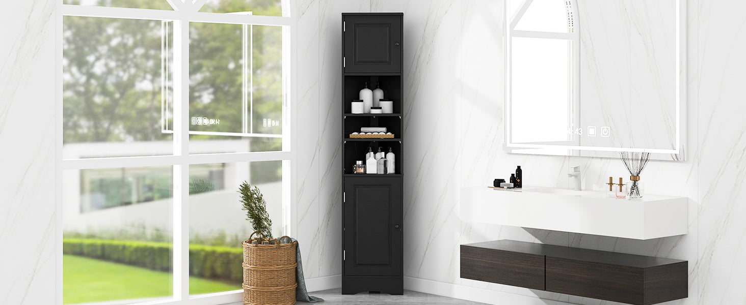 Multi Functional Corner Cabinet Tall Bathroom Storage Cabinet With Two Doors And Adjustable Shelves, Open Shelf, Black Black Mdf