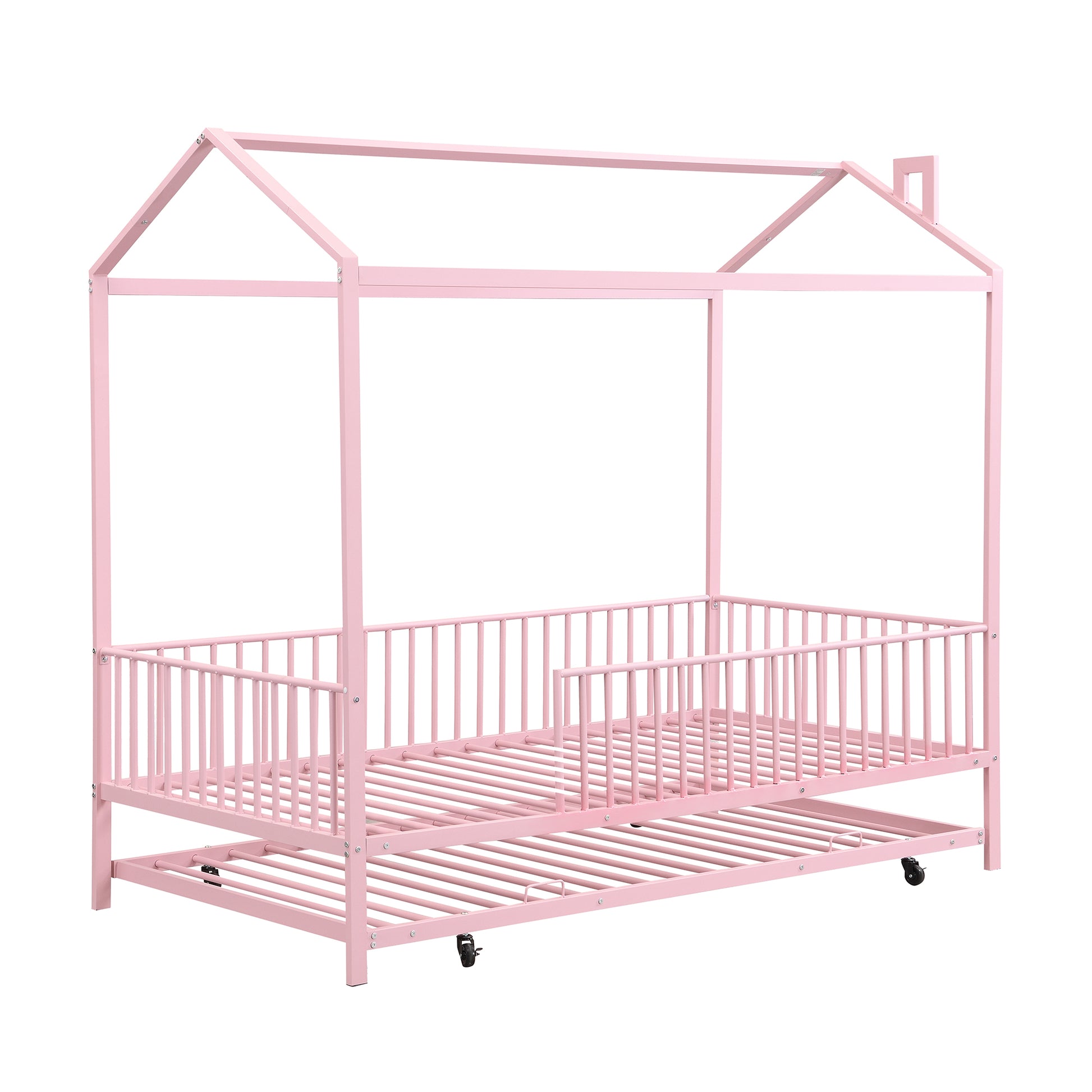 Twin Size Metal House Bed With Fence, With Trundle, Pink Expected Arrival Time: 10.18 Twin Pink Metal