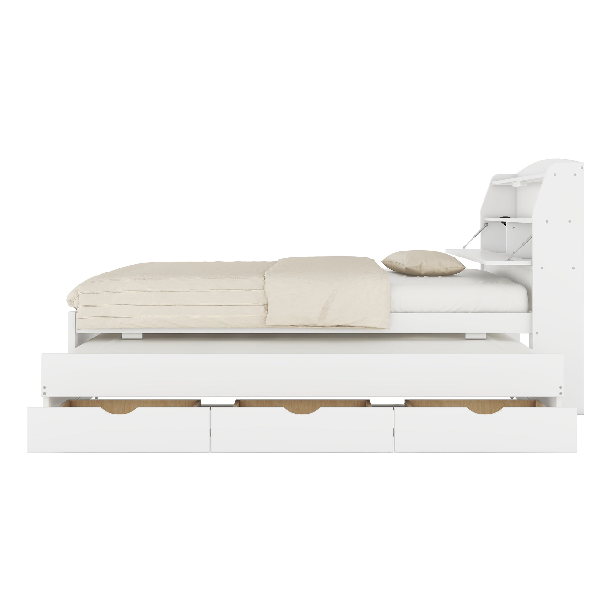 Full Size Wooden Led Platform Bed With Trundle, With Storage Headboard, With Drawers, White Full White Plywood