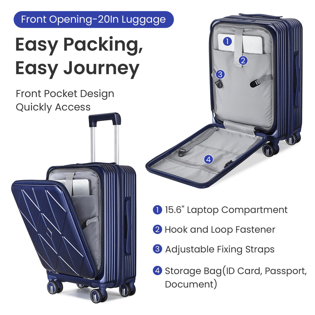 Luggage Sets 3 Piece 20 24 28 , Expandable Carry On Luggage With Tsa Lock Airline Approved, 100% Pc Hard Shell And Lightweight Suitcase With Front Pocket And Spinner Wheels Navy Blue Pc