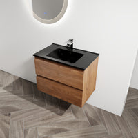 30" Wall Mounted Bathroom Vanity With Black Ceramic Sink, 2 Soft Close Drawers, Kd Package 2 Brown Oak Bathroom Wall Mounted Modern Plywood