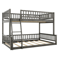 Full Xl Over Queen Bunk Bed With Ladder And Guardrails, Gray Box Spring Not Required Queen Gray Wood Bunk Solid Wood Mdf