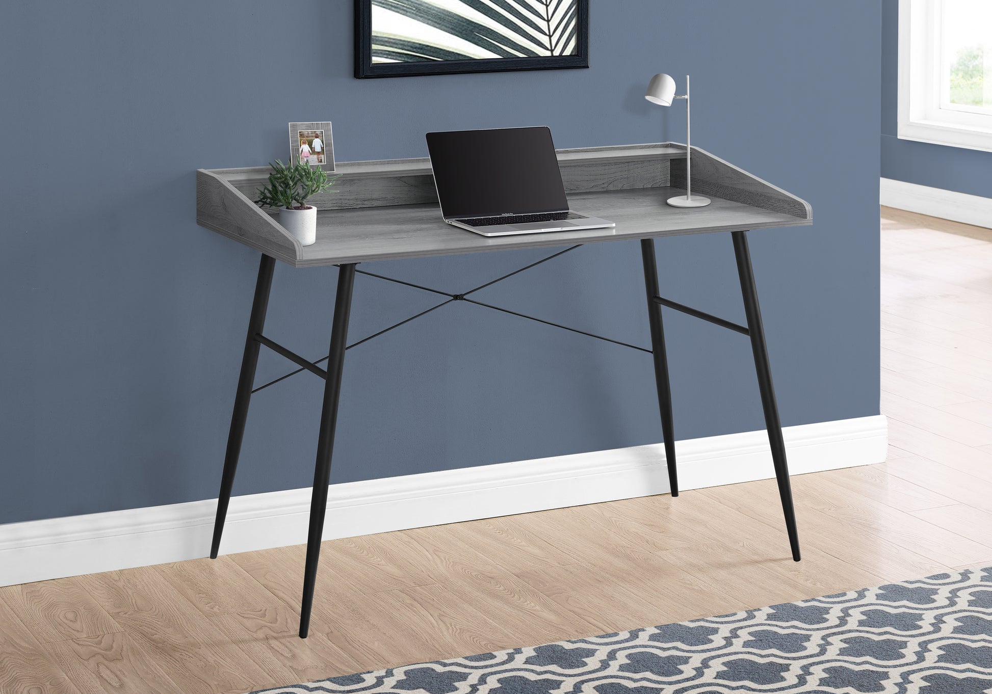 Computer Desk, Home Office, Laptop, Storage Shelves, 48"L, Work, Grey Laminate, Black Metal, Contemporary, Modern Grey Particle Board