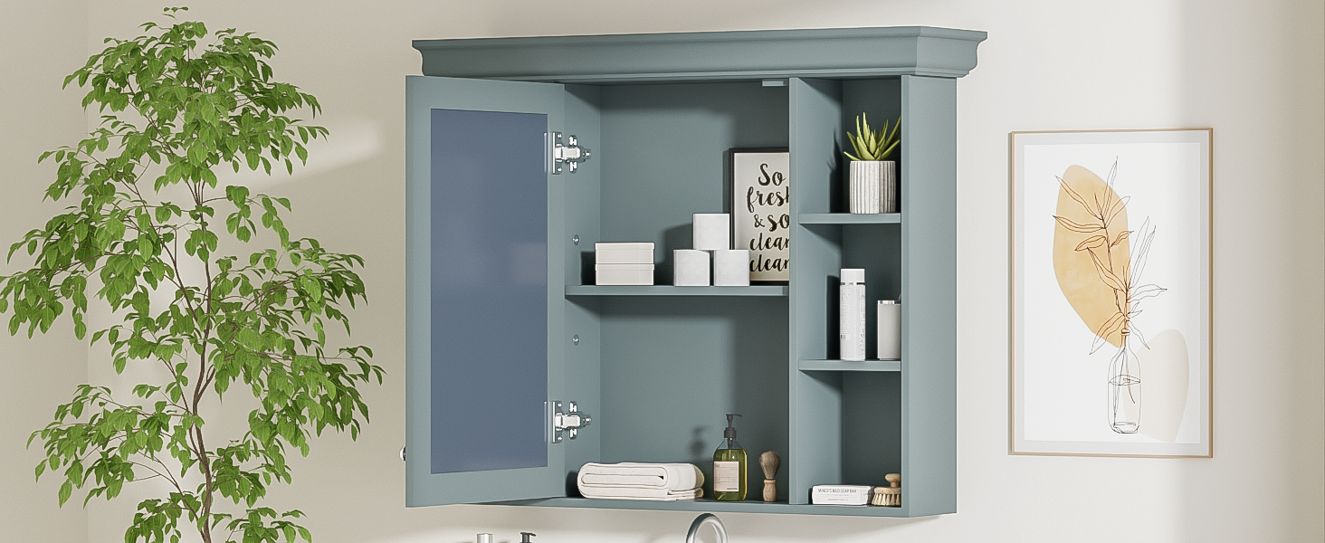 35'' X 28'' Blue Wall Mounted Bathroom Storage Cabinet With Mirror Door, Modern Bathroom Wall Cabinet With Mirror, Medicine Cabinet With 6 Open Shelves Blue 5 Adjustable Shelves Bathroom Wall Mounted Mdf Painted