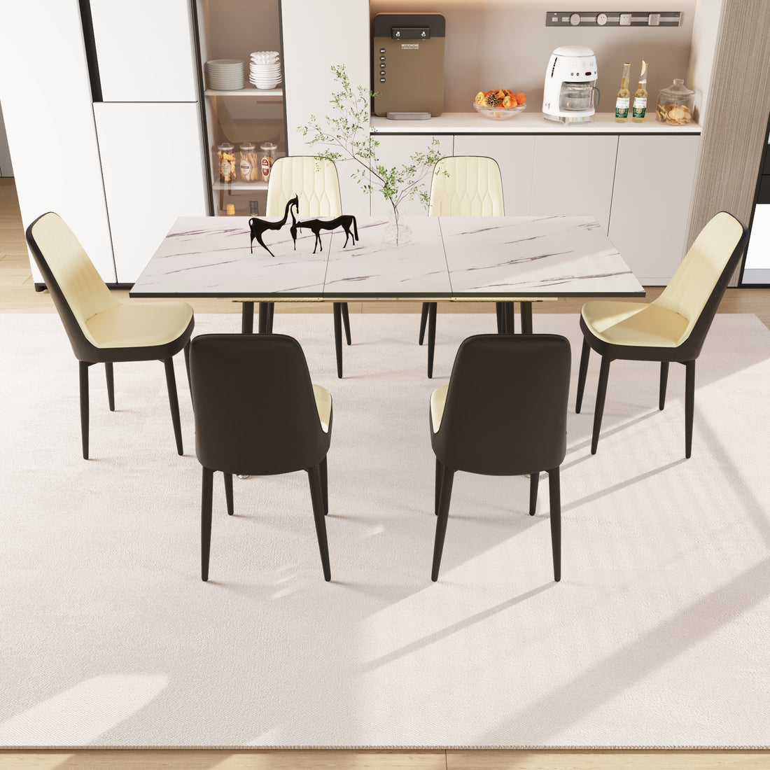 An Expandable Dining Table Set For 2 6 People, Equipped With Pu Fabric Thick Cushioned Dining Chairs And An Elegant And Spacious Dining Tablekitchen Table And Chair Set, With Black Metal Legs Beige