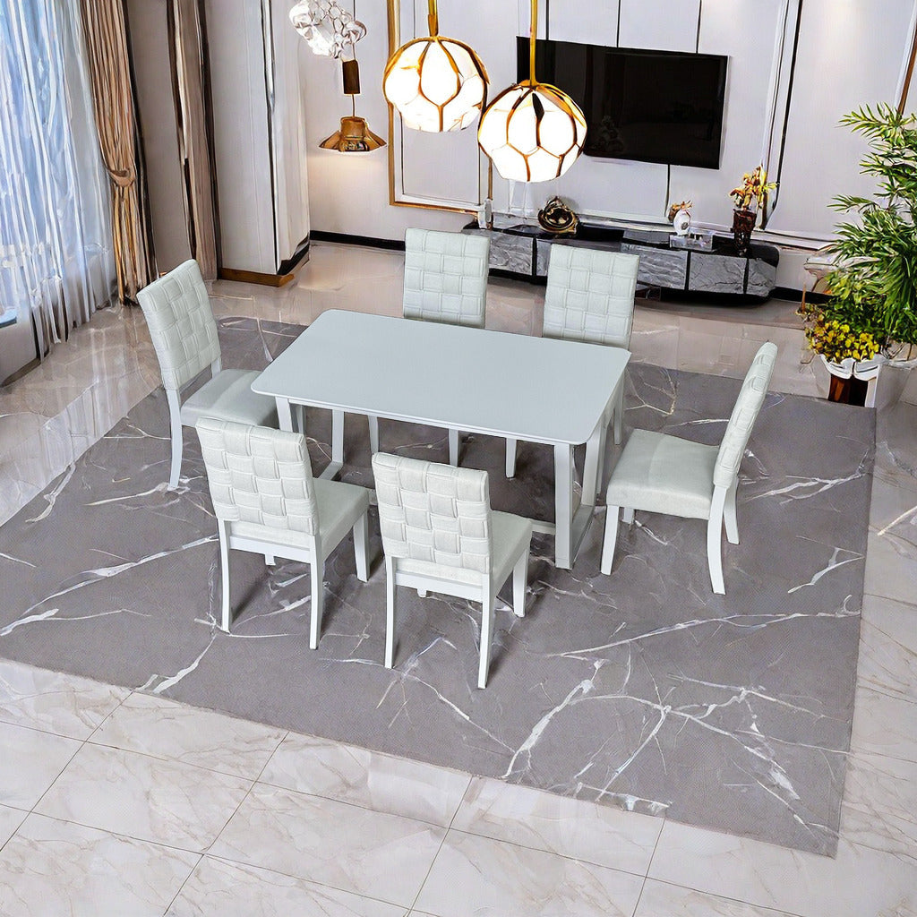 Fx D1 D1Dining Set Include 6*Chair Light Beige Colorlinen & Rubber Wood White Color Legs And 1*Table Light Grey Withe Color Total 7 Pcs Light Beige Wood Fabric