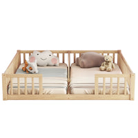 Double Twin Floor Bed With Fence, Guardrails, Without Door, Natural Twin Natural American Design Pine