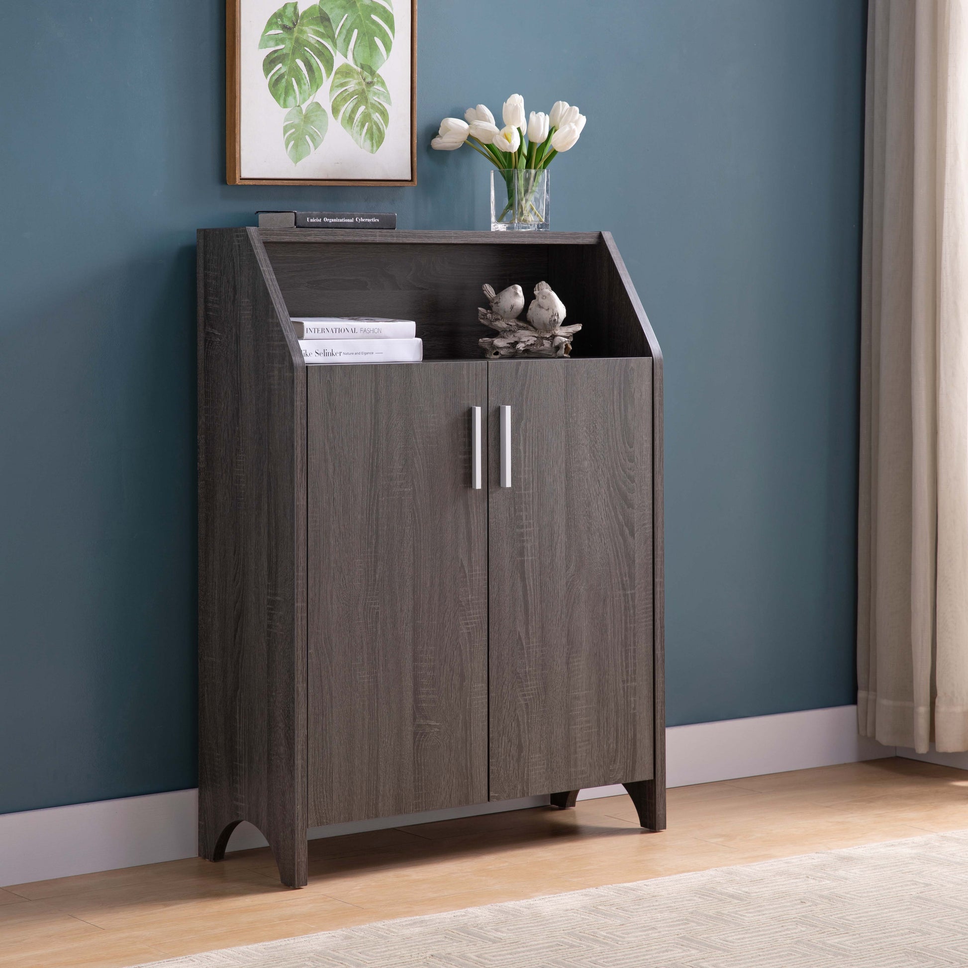 Shoe Cabinet With Open Shelving And Metal Handles In Distressed Grey Finish Gray Mdf