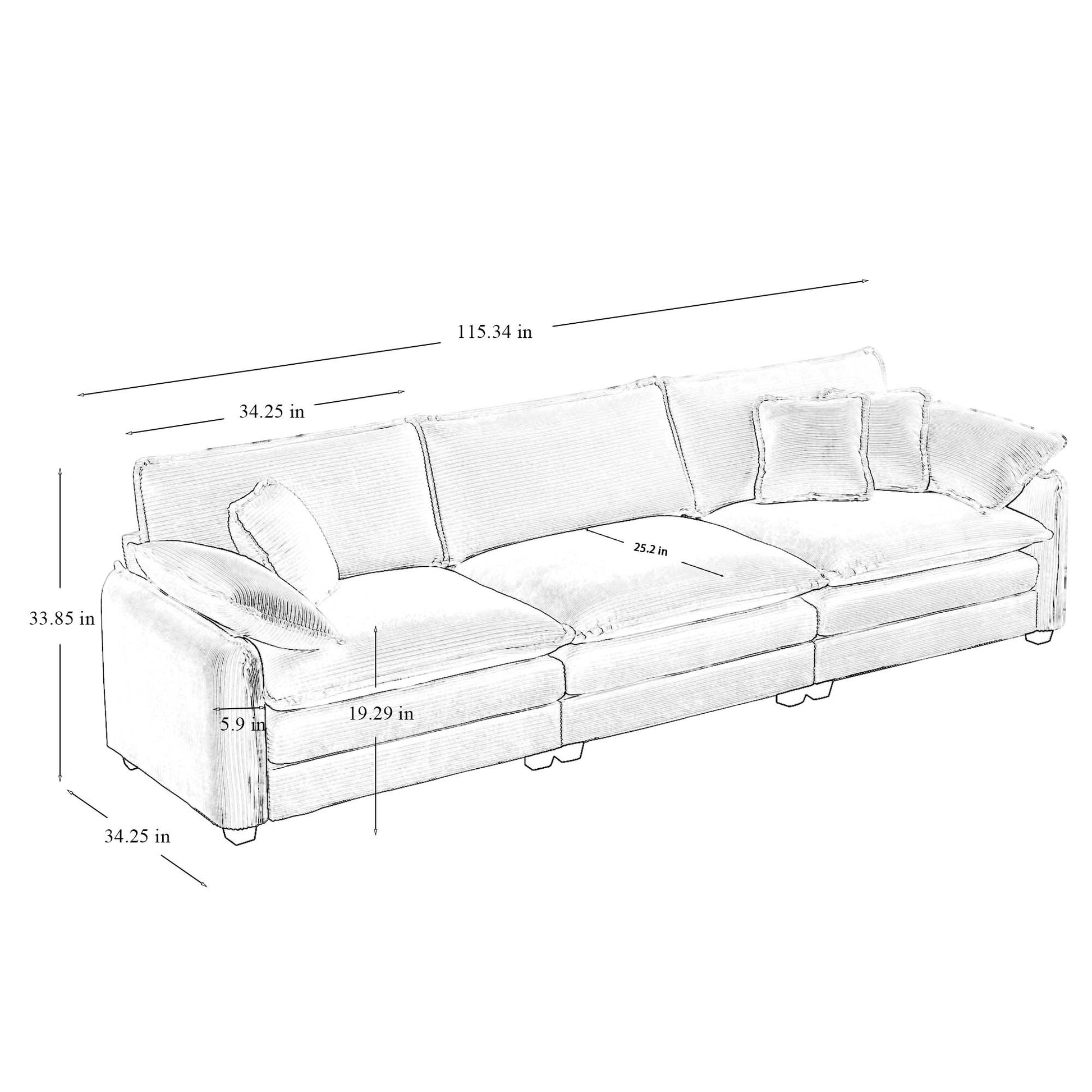 Modern Living Room Sofa 3 Pieces Set, Two 2 Seater Sofas And One 3 Seater Sofas, Upholstery Large Deep Seat Sofa With Sofat Cushion And Pillowss,Grey Corduroy Grey Corduroy 7 Seat