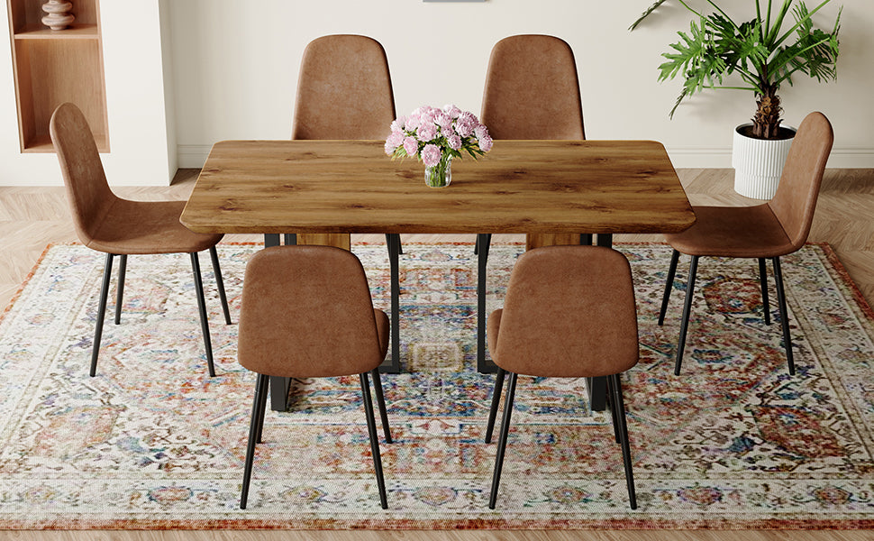 Table And Chair Set.67"X36" Wood Textured Mdf Dining Table Set With 6 Brown Suede Chairs.Mdf Sticker,Wood Colored Texture Sticker,Brown Armless Dining Chair,Suitable For Kitchen,Dining Room,Etc.