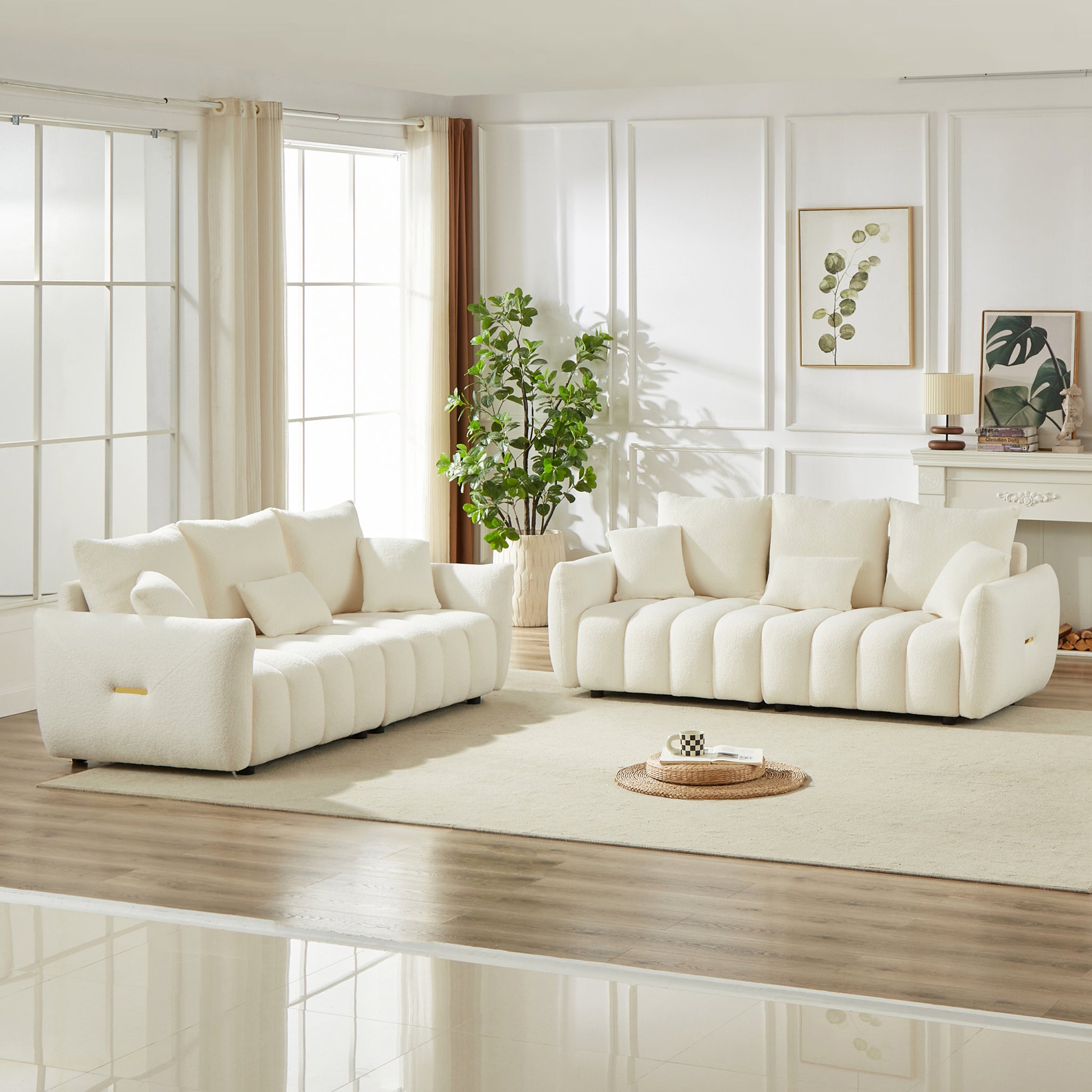 3 Seater 3 Seater Combo Sofa Modern Living Room Sofa, Teddy Sofa, Wooden Frame, 6 Cushions, Apartment Sofa Furniture Beige Wood Primary Living Space Pine Foam Fabric 6 Seat