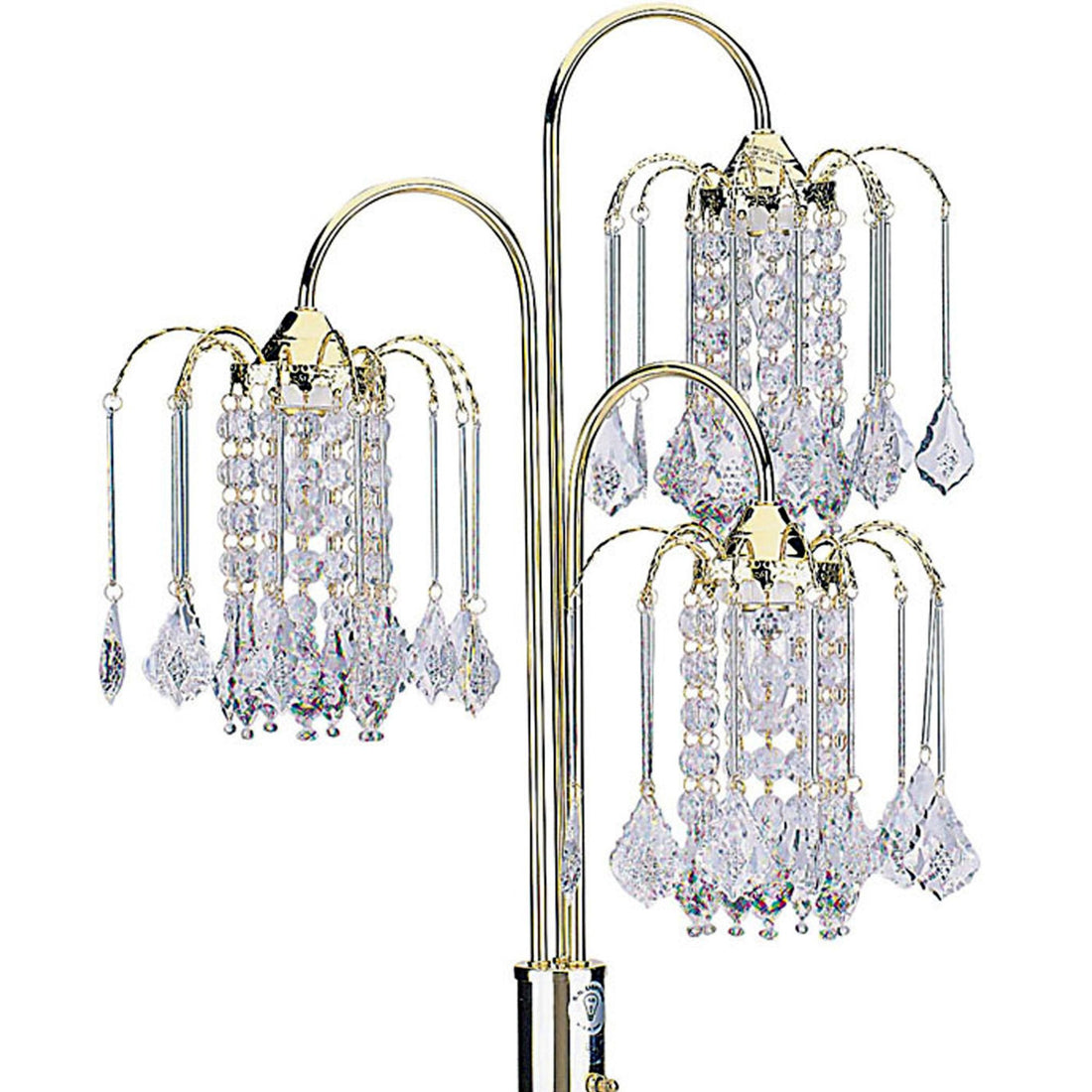 34" Tall Metal Table Lamp With Brass Finish, 3 Crystal Chandelier Lights Gold Metal