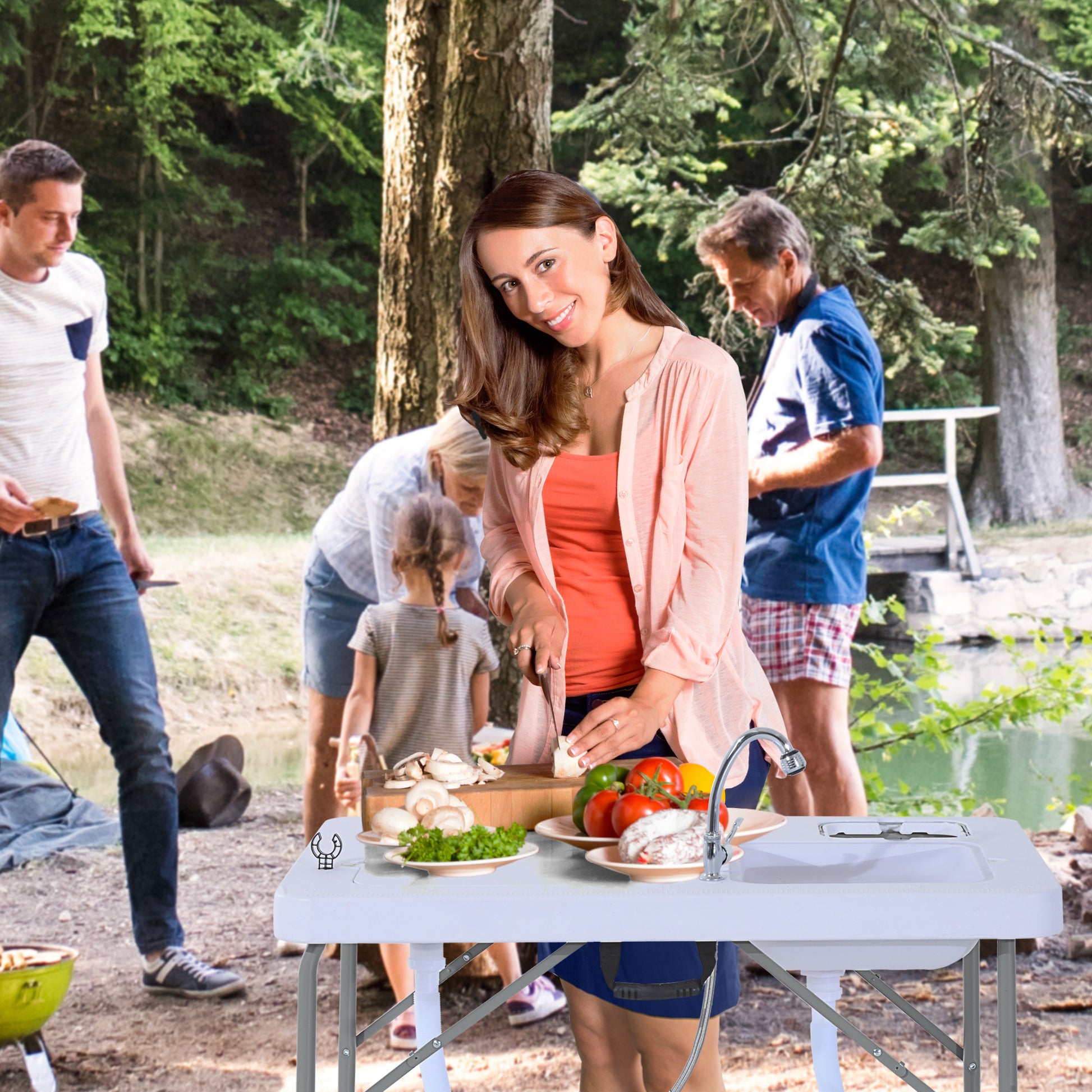 Outsunny Folding Camping Table With Faucet And Dual Water Basins, Outdoor Fish Table Sink Station, For Picnic, Fishing, 40'' White Hdpe