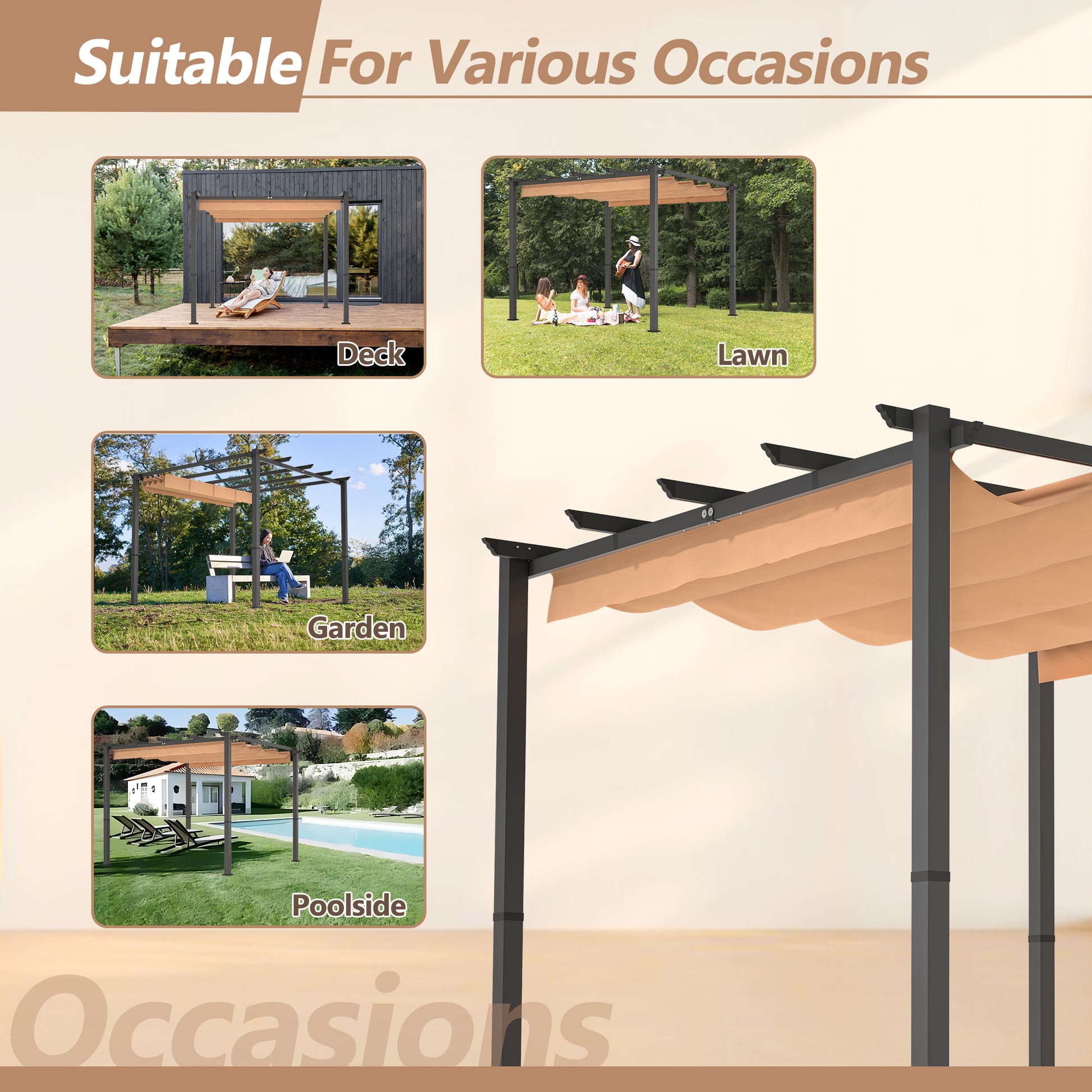 10' X 10' Aluminum Patio Pergola With Retractable Pergola Canopy, Backyard Shade Shelter For Porch, Outdoor Party, Garden, Grill Gazebo, Khaki Khaki Aluminium