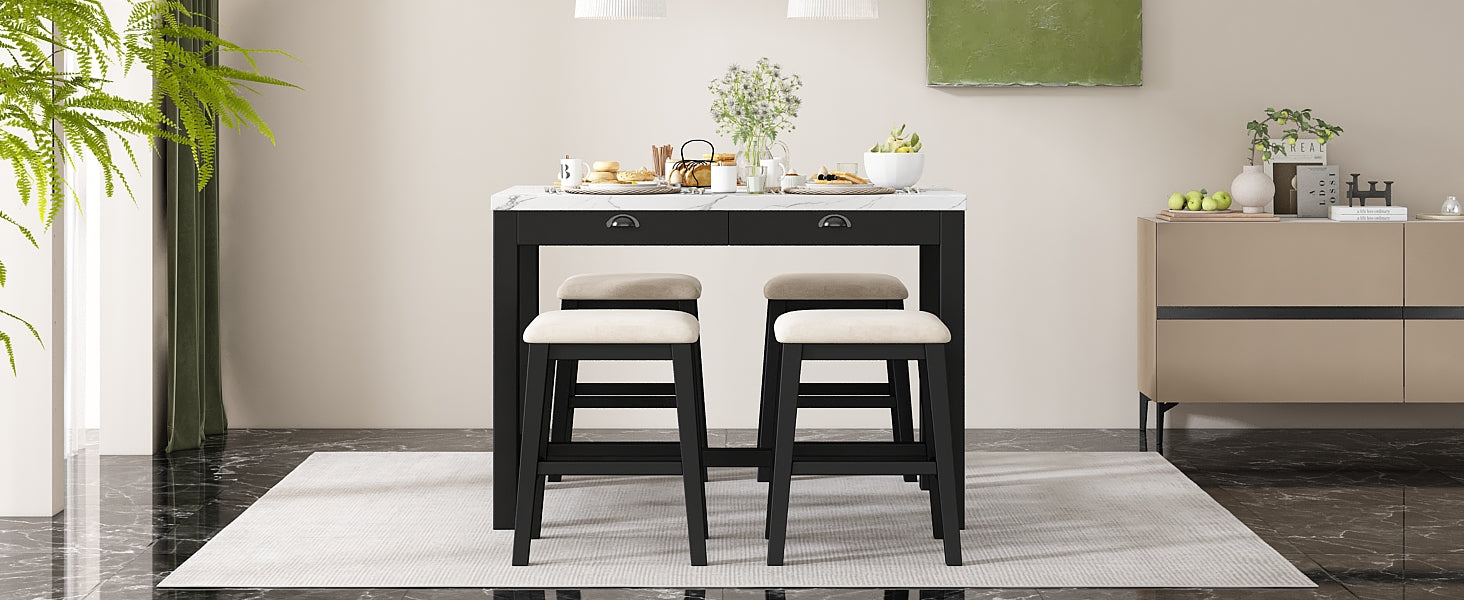 3 Piece Modern Faux Marble Versatile Bar Table Set With Storage Drawers And Padded Stools, Ideal For Space Saving Dining Nooks Or Small Kitchens Black Black Solid Wood Mdf