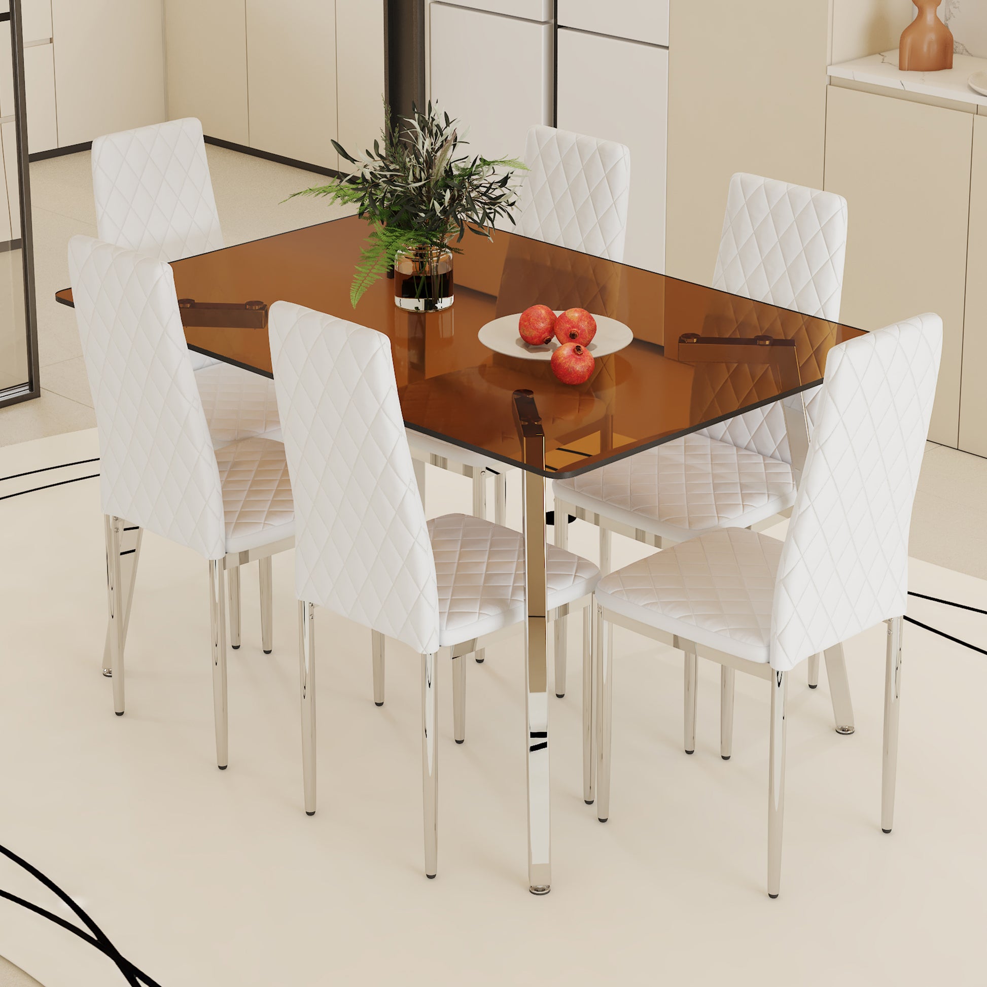Table And Chair Set.Large Modern Rectangular Table With Brown Glass Top And Silver Metal Legs. Paired With 6 White Chairs With Checkered Armless High Back Pu Cushion And Silver Metal Legs.