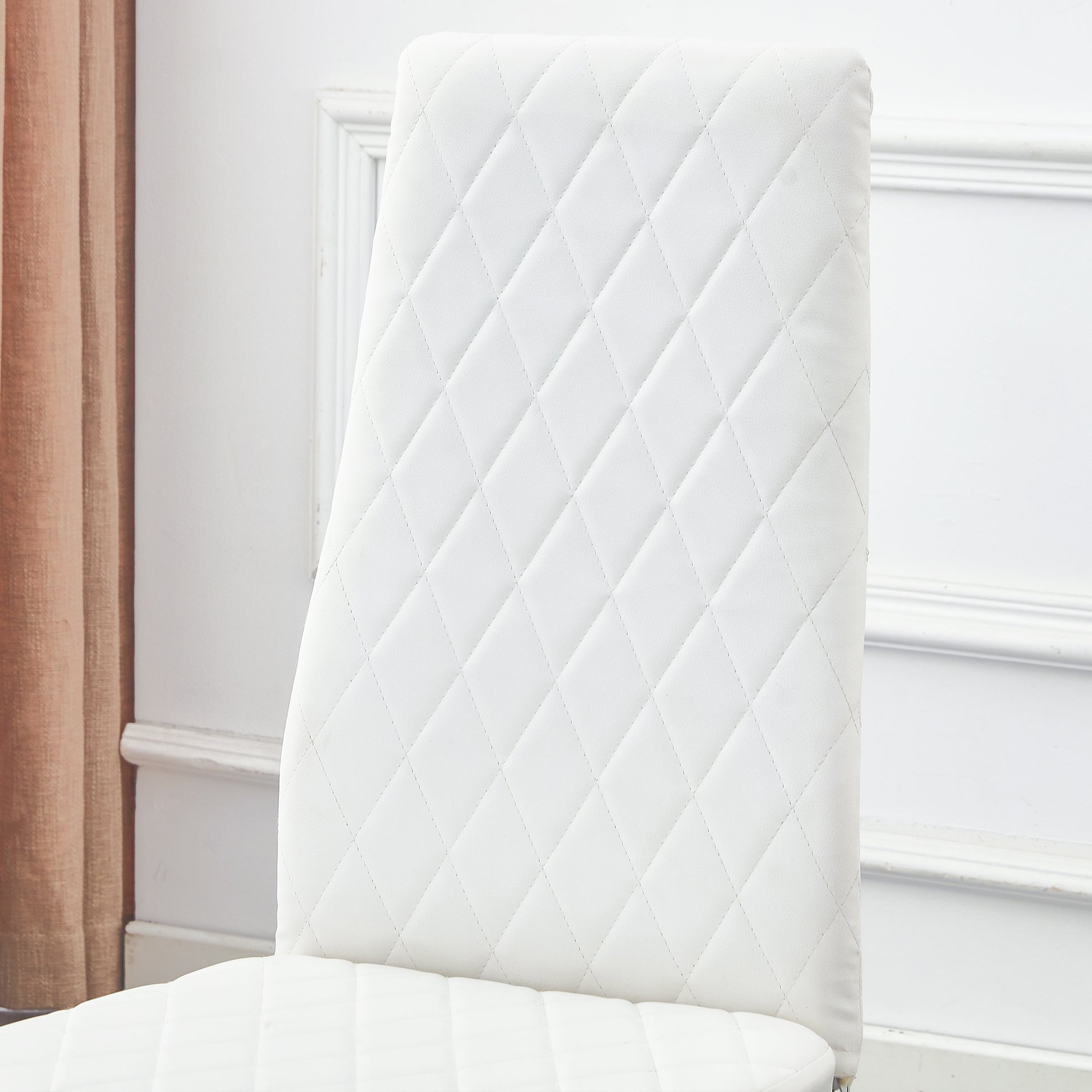 Table And Chair Set.Large Modern Rectangular Table With Brown Glass Top And Silver Metal Legs. Paired With 6 White Chairs With Checkered Armless High Back Pu Cushion And Silver Metal Legs.