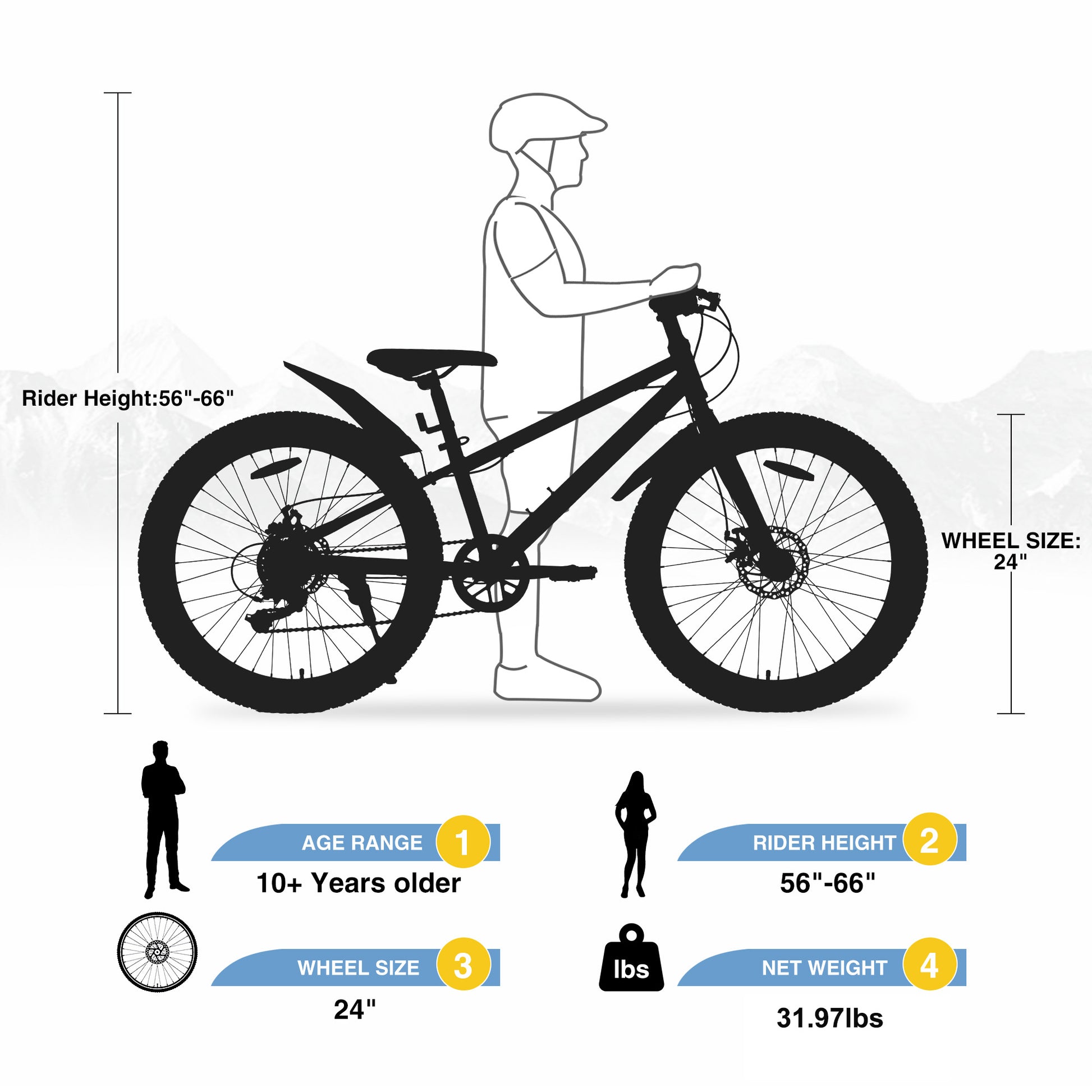 24 Inch Bicyclesfat Tire Mountain Bike For Boys And Girls Age 10 Years ,Dual Disc Brake,Shimano 7 Speed ,Kids Beach And Snow Bicycle Blue Steel