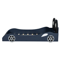 Wood Twin Size Race Car Shaped Platform Bed With Led And Upholstered Backrest, Blue Expected Arrival Time: 10.28 Box Spring Not Required Twin Blue Wood Faux Leather,Solid Wood Mdf